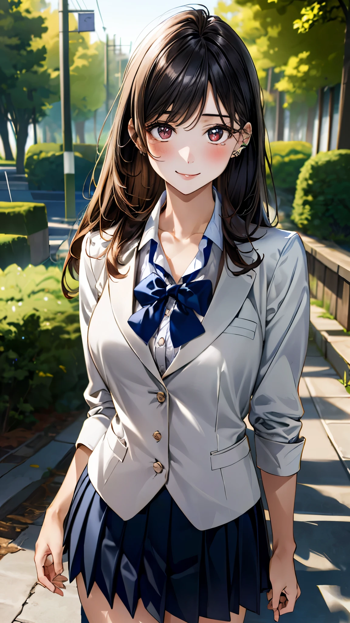 (masterpiece:1.3, top-quality, ultra high res, ultra detailed), (realistic, photorealistic:1.4), beautiful illustration, perfect lighting, colorful, depth of fields,
beautiful detailed hair, beautiful detailed face, beautiful detailed eyes, beautiful clavicle, beautiful body, beautiful chest, beautiful thigh, beautiful legs, beautiful fingers,
looking at viewer, cowboy shot, 1 girl, japanese, high school girl, perfect face, (perfect anatomy, anatomically correct), cute and symmetrical face, babyface, , shiny skin,
(long hair:1.5, straight hair, black hair), parted bangs, dark brown eyes, slant eyes, long eye lasher, (medium breasts), slender,
((navy blazer), collared white shirt, navt pleated skirt, dark red bow tie, ), navy school socks, piercing,
(beautiful scenery), evening, (park), walking, (lovely smile, upper eyes,),