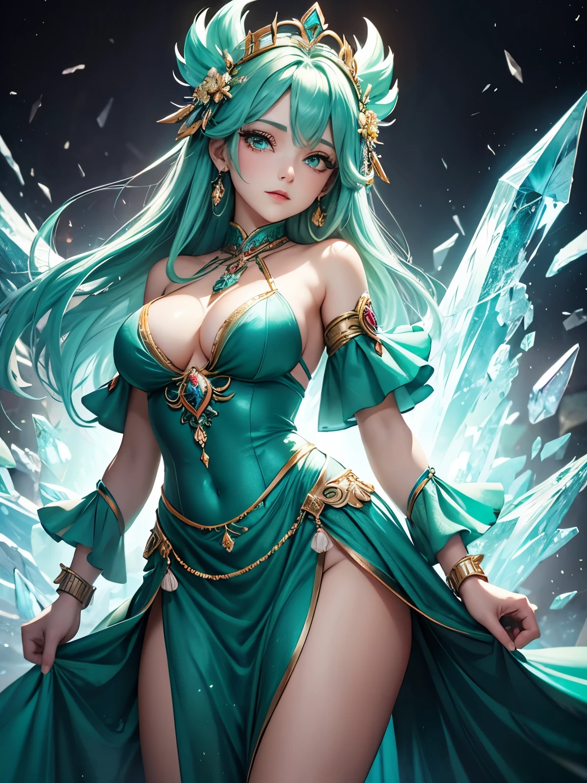 Goddess of Love, Lust, Hope and Fertility. She has Teal-Green hair, Crystal Teal eyes. Revealing dress.