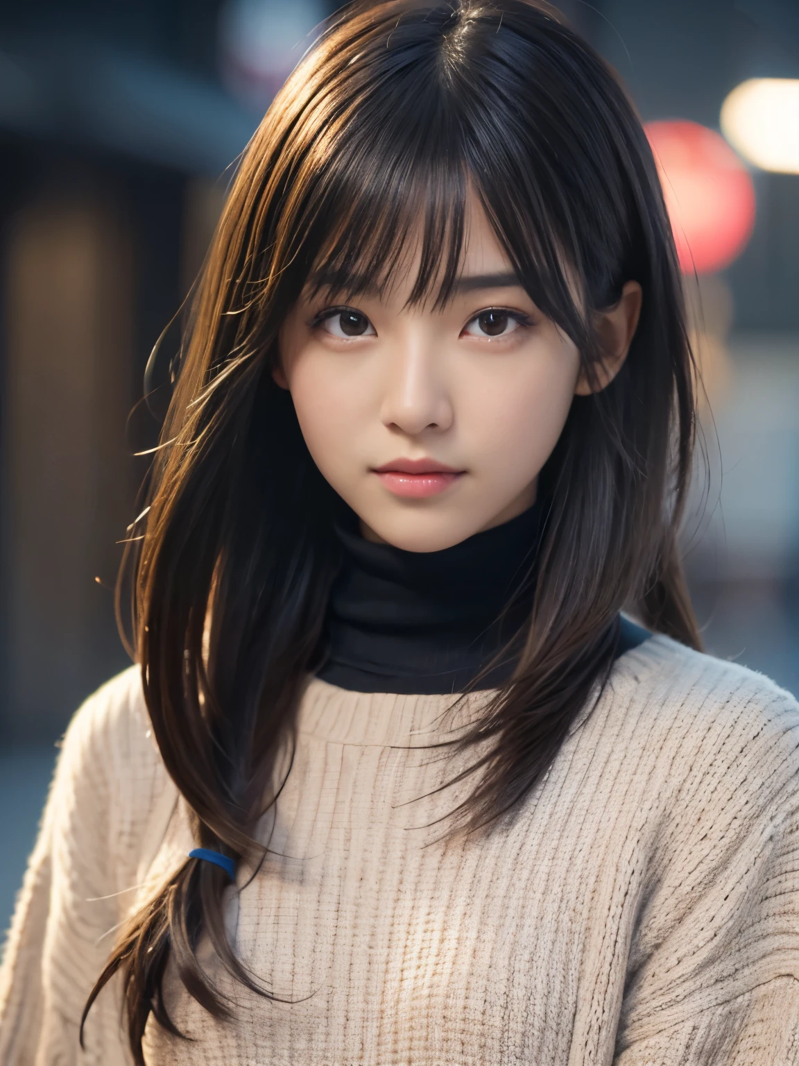 product quality, 1 girl, cowboy shot, front view, a Japanese young pretty girl, at night, wearing a black knitted turtleneck sweater, wearing mini skert, hyper cute face, glossy lips, double eyelids for both eyes, (natural makeup), shiny smooth light brown hair of long hair, asymmetrical bangs, central image, 8K resolution, high detail, detailed hairstyle, detailed face, cinematic lighting, octane rendering, hyper realistic, perfect limbs, perfect anatomy, 