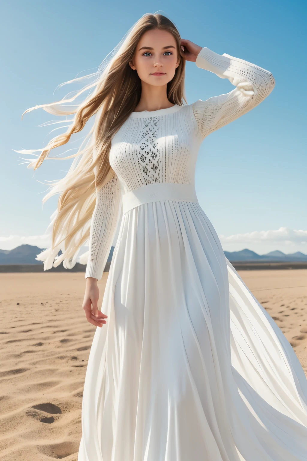 best quality, 8k, RAW photo, incredibly absurdres, extremely detailed, beautiful white woman, baby-faced, no makeup, excited look, wearing ivory fluffy long-pile knit long dress, slender, perfect proportions, white straight hair, (wind, wind-effect), blue eyes