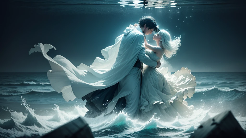 (best quality,ultra-detailed,realistic),translucent glowing ghosts of the passengers(shipwrecked:1.1,spirited) of the 'titanic', mesmerizingly dancing over the vast sea. The moonless sky casts an eerie darkness, accentuating the ethereal essence of the scene. A (hauntingly beautiful) ghostly band, visible only as subtle wisps of light, plays melancholic music, serenading the lost souls. The haunting melodies mix with the sound of crashing waves, creating a haunting symphony (harmony:1.1). The shipwreck's remnants, submerged beneath the water's surface, serve as a hauntingly beautiful backdrop. The (mysterious) depths of the sea add an air of mystery and uncertainty, making the ghostly dance even more captivating. The faint glow of bioluminescent organisms (illuminates:1.1) the surrounding water, infusing the scene with a surreal and ethereal ambiance. The ghosts move with (graceful, fluid) movements, their semi-transparent figures blending with the misty atmosphere. As they sway and twirl, their (tattered, flowing) clothing adds to the ethereal beauty of their dance. Time seems to stand still in this haunting moment, capturing the essence of the tragic tale of the 'titanic' and immersing viewers in a realm between the living and the spirit world.