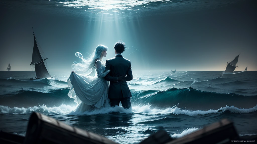 (best quality,ultra-detailed,realistic),translucent glowing ghosts of the passengers(shipwrecked:1.1,spirited) of the 'titanic', mesmerizingly dancing over the vast sea. The moonless sky casts an eerie darkness, accentuating the ethereal essence of the scene. A (hauntingly beautiful) ghostly band, visible only as subtle wisps of light, plays melancholic music, serenading the lost souls. The haunting melodies mix with the sound of crashing waves, creating a haunting symphony (harmony:1.1). The shipwreck's remnants, submerged beneath the water's surface, serve as a hauntingly beautiful backdrop. The (mysterious) depths of the sea add an air of mystery and uncertainty, making the ghostly dance even more captivating. The faint glow of bioluminescent organisms (illuminates:1.1) the surrounding water, infusing the scene with a surreal and ethereal ambiance. The ghosts move with (graceful, fluid) movements, their semi-transparent figures blending with the misty atmosphere. As they sway and twirl, their (tattered, flowing) clothing adds to the ethereal beauty of their dance. Time seems to stand still in this haunting moment, capturing the essence of the tragic tale of the 'titanic' and immersing viewers in a realm between the living and the spirit world.