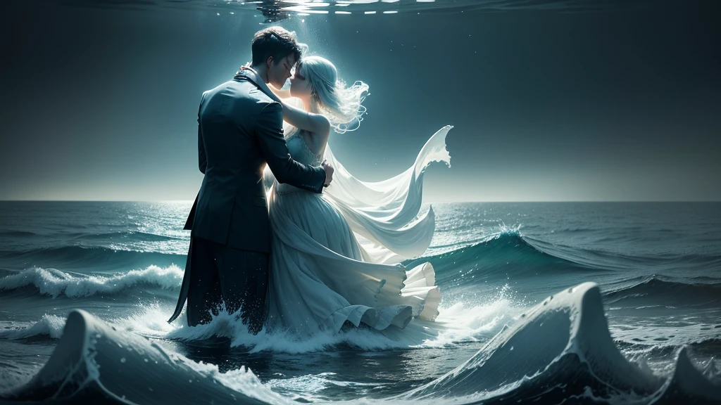 (best quality,ultra-detailed,realistic),translucent glowing ghosts of the passengers(shipwrecked:1.1,spirited) of the 'titanic', mesmerizingly dancing over the vast sea. The moonless sky casts an eerie darkness, accentuating the ethereal essence of the scene. A (hauntingly beautiful) ghostly band, visible only as subtle wisps of light, plays melancholic music, serenading the lost souls. The haunting melodies mix with the sound of crashing waves, creating a haunting symphony (harmony:1.1). The shipwreck's remnants, submerged beneath the water's surface, serve as a hauntingly beautiful backdrop. The (mysterious) depths of the sea add an air of mystery and uncertainty, making the ghostly dance even more captivating. The faint glow of bioluminescent organisms (illuminates:1.1) the surrounding water, infusing the scene with a surreal and ethereal ambiance. The ghosts move with (graceful, fluid) movements, their semi-transparent figures blending with the misty atmosphere. As they sway and twirl, their (tattered, flowing) clothing adds to the ethereal beauty of their dance. Time seems to stand still in this haunting moment, capturing the essence of the tragic tale of the 'titanic' and immersing viewers in a realm between the living and the spirit world.