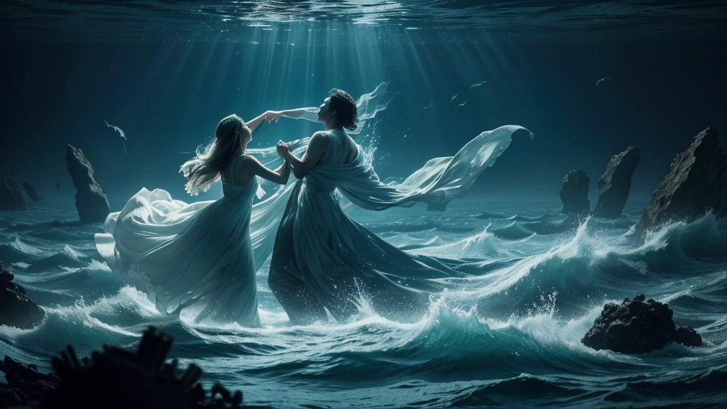 (best quality,ultra-detailed,realistic),translucent glowing ghosts of the passengers(shipwrecked:1.1,spirited) of the 'titanic', mesmerizingly dancing over the vast sea. The moonless sky casts an eerie darkness, accentuating the ethereal essence of the scene. A (hauntingly beautiful) ghostly band, visible only as subtle wisps of light, plays melancholic music, serenading the lost souls. The haunting melodies mix with the sound of crashing waves, creating a haunting symphony (harmony:1.1). The shipwreck's remnants, submerged beneath the water's surface, serve as a hauntingly beautiful backdrop. The (mysterious) depths of the sea add an air of mystery and uncertainty, making the ghostly dance even more captivating. The faint glow of bioluminescent organisms (illuminates:1.1) the surrounding water, infusing the scene with a surreal and ethereal ambiance. The ghosts move with (graceful, fluid) movements, their semi-transparent figures blending with the misty atmosphere. As they sway and twirl, their (tattered, flowing) clothing adds to the ethereal beauty of their dance. Time seems to stand still in this haunting moment, capturing the essence of the tragic tale of the 'titanic' and immersing viewers in a realm between the living and the spirit world.