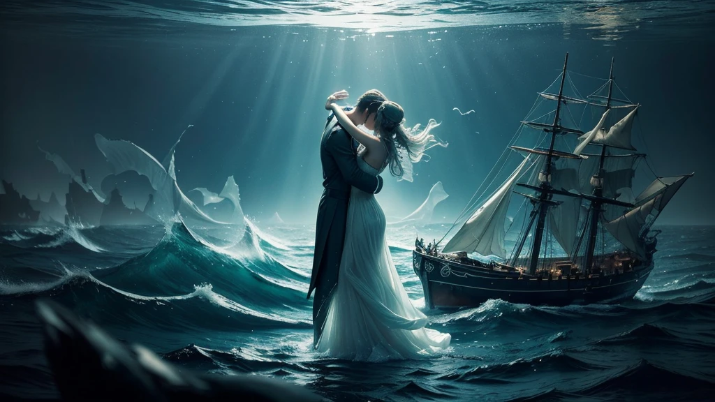 (best quality,ultra-detailed,realistic),translucent glowing ghosts of the passengers(shipwrecked:1.1,spirited) of the 'titanic', mesmerizingly dancing over the vast sea. The moonless sky casts an eerie darkness, accentuating the ethereal essence of the scene. A (hauntingly beautiful) ghostly band, visible only as subtle wisps of light, plays melancholic music, serenading the lost souls. The haunting melodies mix with the sound of crashing waves, creating a haunting symphony (harmony:1.1). The shipwreck's remnants, submerged beneath the water's surface, serve as a hauntingly beautiful backdrop. The (mysterious) depths of the sea add an air of mystery and uncertainty, making the ghostly dance even more captivating. The faint glow of bioluminescent organisms (illuminates:1.1) the surrounding water, infusing the scene with a surreal and ethereal ambiance. The ghosts move with (graceful, fluid) movements, their semi-transparent figures blending with the misty atmosphere. As they sway and twirl, their (tattered, flowing) clothing adds to the ethereal beauty of their dance. Time seems to stand still in this haunting moment, capturing the essence of the tragic tale of the 'titanic' and immersing viewers in a realm between the living and the spirit world.