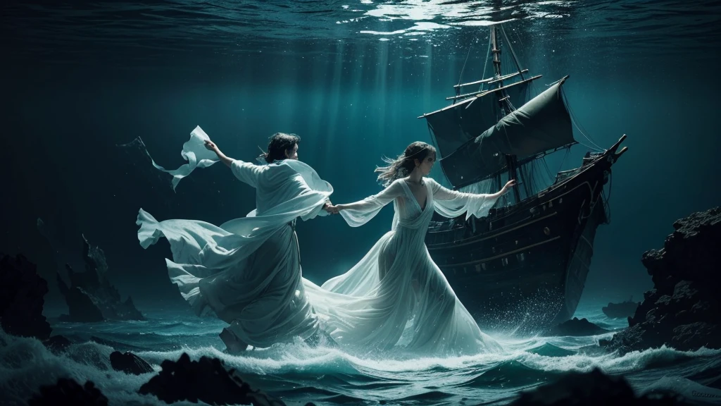 (best quality,ultra-detailed,realistic),translucent glowing ghosts of the passengers(shipwrecked:1.1,spirited) of the 'titanic', mesmerizingly dancing over the vast sea. The moonless sky casts an eerie darkness, accentuating the ethereal essence of the scene. A (hauntingly beautiful) ghostly band, visible only as subtle wisps of light, plays melancholic music, serenading the lost souls. The haunting melodies mix with the sound of crashing waves, creating a haunting symphony (harmony:1.1). The shipwreck's remnants, submerged beneath the water's surface, serve as a hauntingly beautiful backdrop. The (mysterious) depths of the sea add an air of mystery and uncertainty, making the ghostly dance even more captivating. The faint glow of bioluminescent organisms (illuminates:1.1) the surrounding water, infusing the scene with a surreal and ethereal ambiance. The ghosts move with (graceful, fluid) movements, their semi-transparent figures blending with the misty atmosphere. As they sway and twirl, their (tattered, flowing) clothing adds to the ethereal beauty of their dance. Time seems to stand still in this haunting moment, capturing the essence of the tragic tale of the 'titanic' and immersing viewers in a realm between the living and the spirit world.