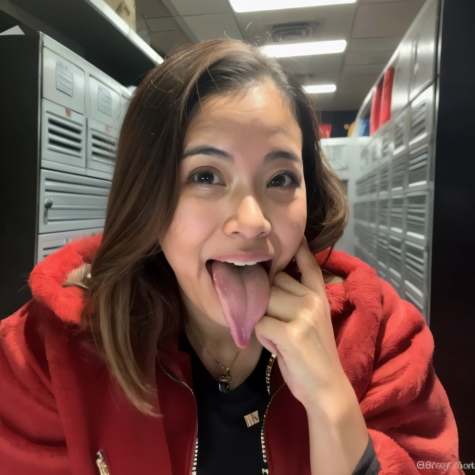 ((最high quality, 8K, masterpiece: 1.3)), realistic, sharp focus, high quality, High resolution, portrait, alone, Japan, Japan女性, beauty, suit, 25 years old, Plump, wavy hair, wrinkles around the eyes, office changing room, lots of lockers, long tongue, big mouth, dark background,not wearing clothes、glowing skin、wet skin