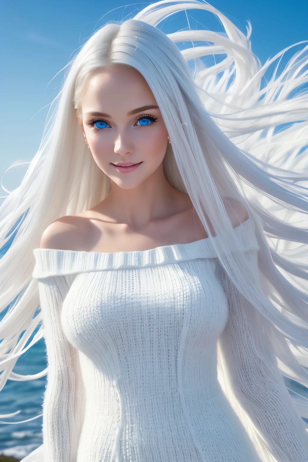 best quality, 8k, RAW photo, incredibly absurdres, extremely detailed, beautiful white woman, -face makeup, excited look, wearing ivory fluffy long-pile knit long dress, slender, perfect proportions, white straight hair, (wind, wind-effect), blue eyes