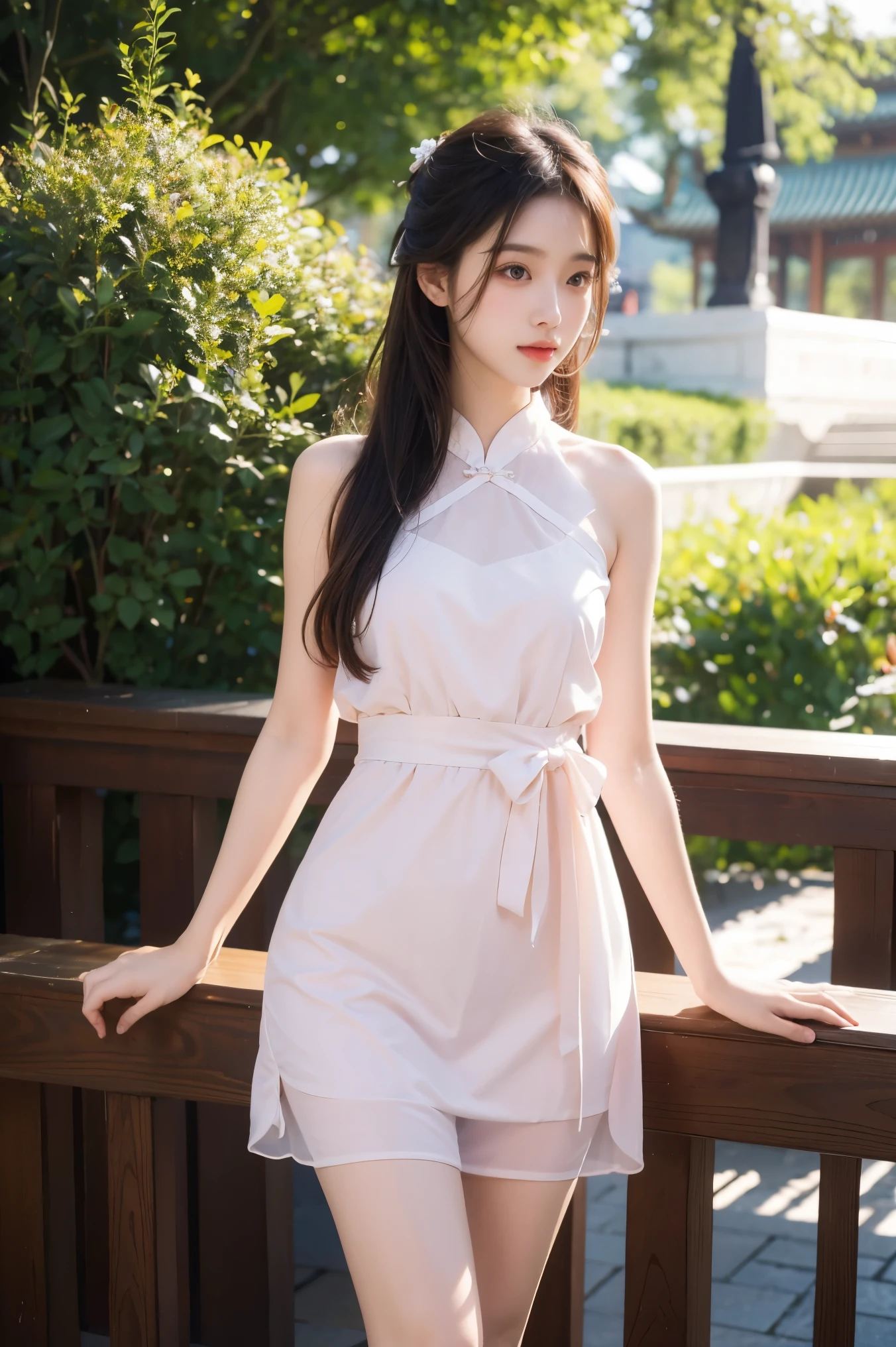  Super realistic 8k, cg, flawless, cute expression, complex details, 18 year old girl with beautiful legs wearing chiffon Chinese dress and stockings, the best quality, realistic photos,