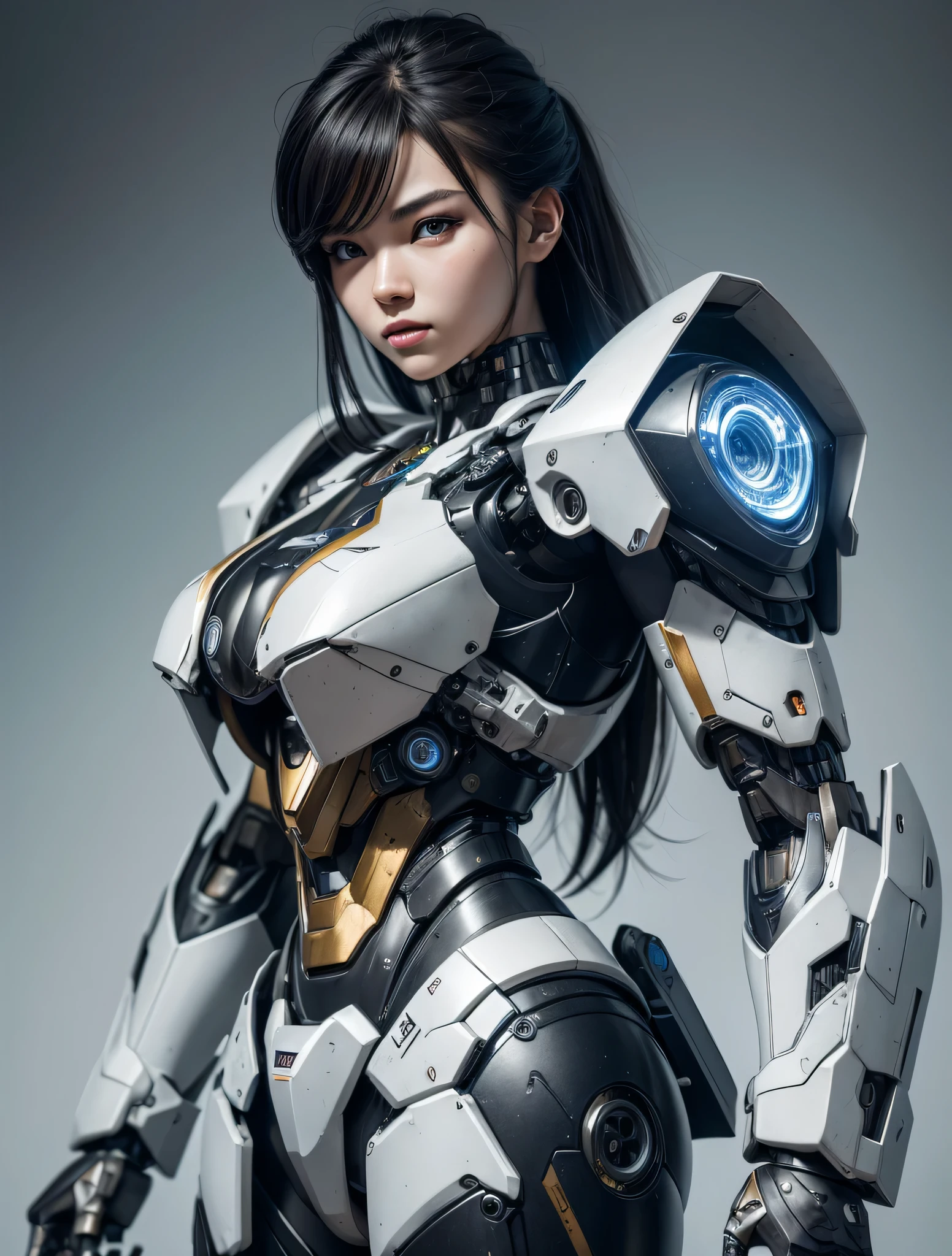 Textured skin, Super Detail, high details, High quality, Best Quality, hight resolution, 1080p, hard disk, Beautiful,beautiful cyborg woman,Mecha Cyborg Girl,Battle Mode,Girl with a Mecha Body,She wears a battle cyborg mech with a weapon,Cyborg Warrior