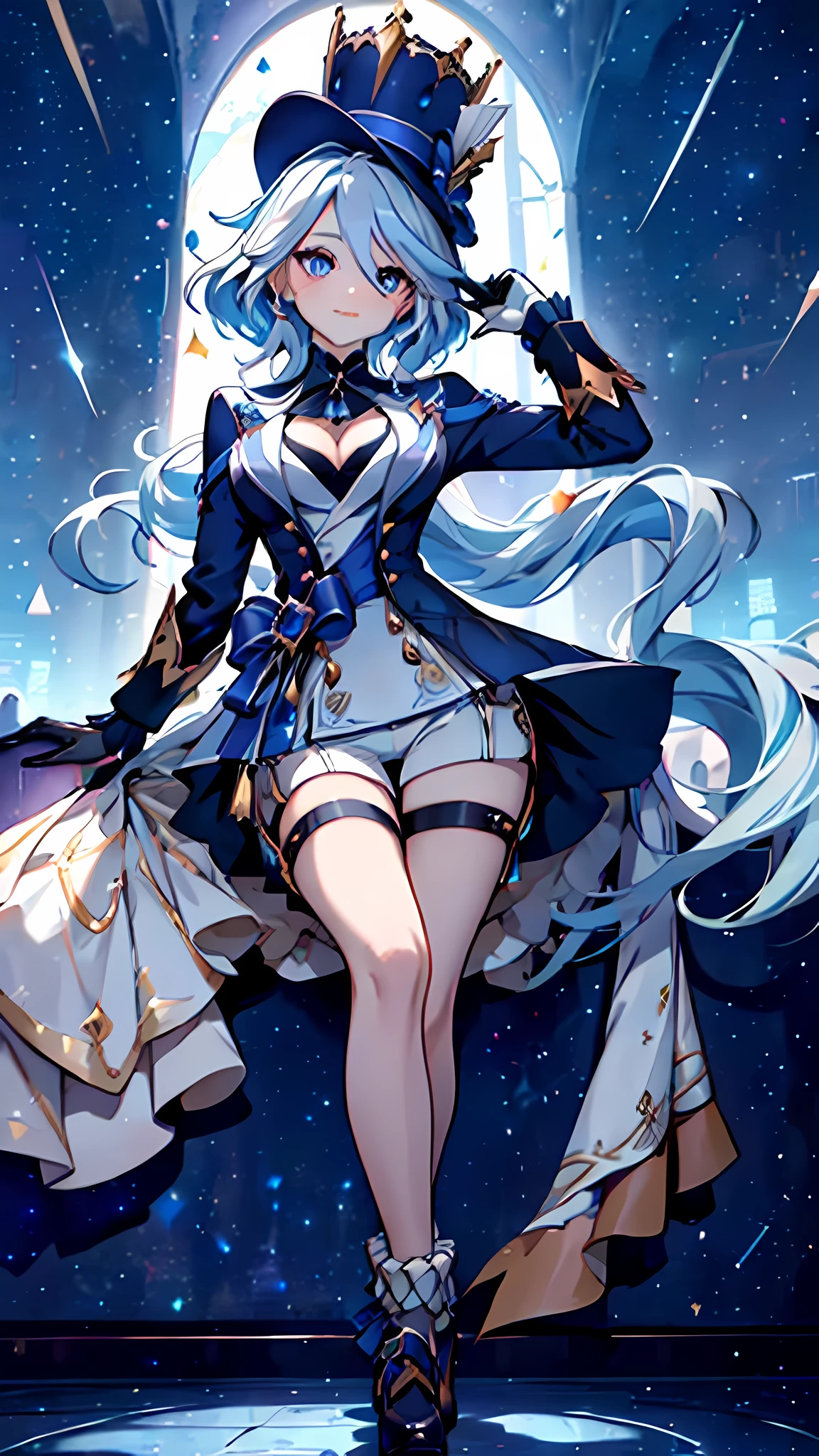 (masterpiece), best quality, expressive eyes, perfect face,cleavage,big breasts,furina \(genshin impact\), heterochromia, mismatched gloves, top hat, blue jacket, ascot, waist bow, short shorts, thigh strap, high heels, frilled socks, waist cape,smiles,concert stage,confetti,(night:1.1),(starry sky:1.2),idol pose