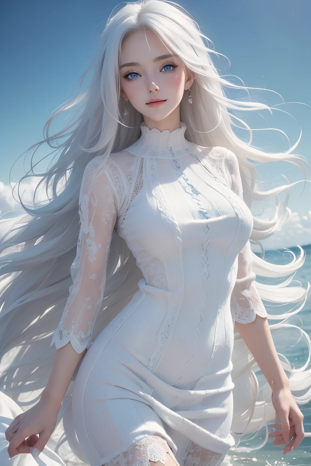 best quality, 8k, RAW photo, incredibly absurdres, extremely detailed, beautiful white woman, baby-faced, no makeup, excited look, wearing ivory fluffy long-pile knit long dress, slender, perfect proportions, white straight hair, (wind, wind-effect), blue eyes, background variety of visual styles that combine various artistic elements like a sparkling iridescent rainbow