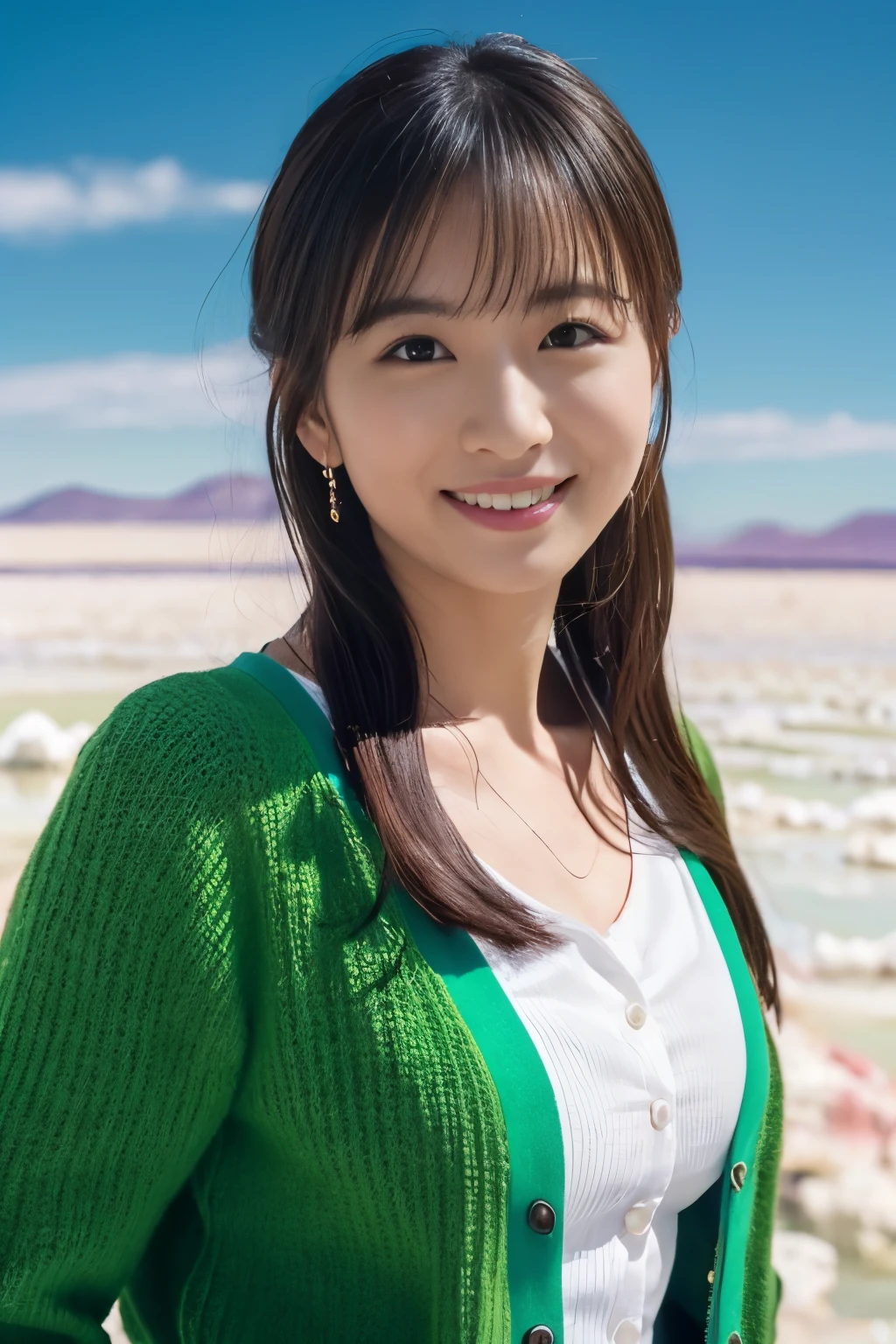 1 girl, (Wearing a bright green cardigan:1.2), very beautiful japanese actress,
(Raw photo, highest quality), (realistic, Photoreal:1.4), table top, 
very delicate and beautiful, very detailed, 2k wallpaper, wonderful, 
finely, very detailed CG Unity 8K 壁紙, Super detailed, High resolution, soft light, 
beautiful detailed girl, very detailed目と顔, beautifully detailed nose, finelyて美しい目, cinematic lighting, 
(Commemorative photo at Salar de Uyuni:1.4), 
complete anatomy, slender body, small, smile,
pan focus