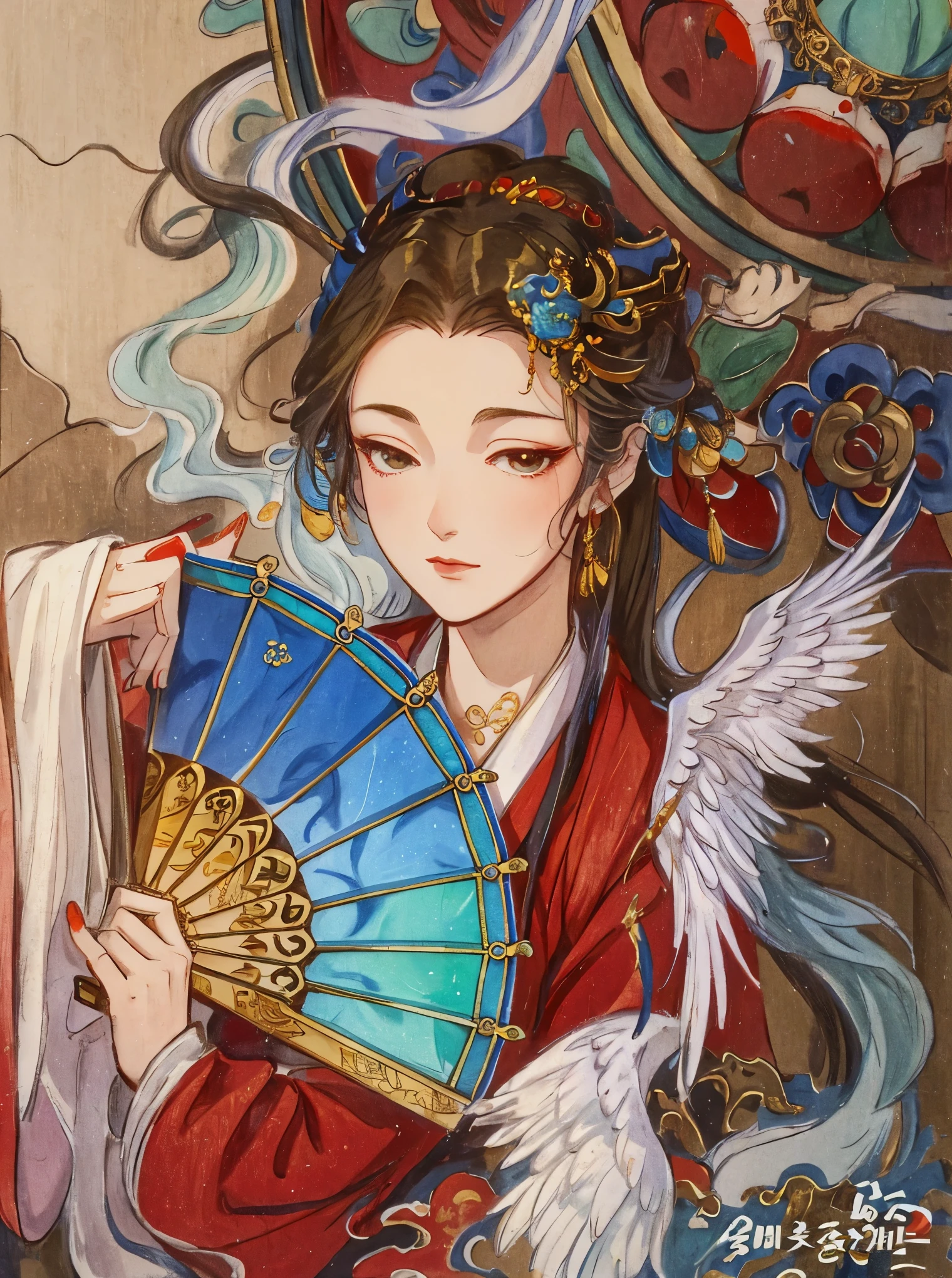 A hand holding a fan、Drawing of woman holding bird in hand, Inspired by Wu Bin, Inspired by Lan Ying, Korean Art Nouveau Animation, palace ， A girl wearing Hanfu, Alphonse Mucha and Rose Drews, beautiful figure painting, Inspired by Qiu Ying, author：Yang Jie, Chinese goddess, Queen of China, Inspired by gold farmers, chinese princess