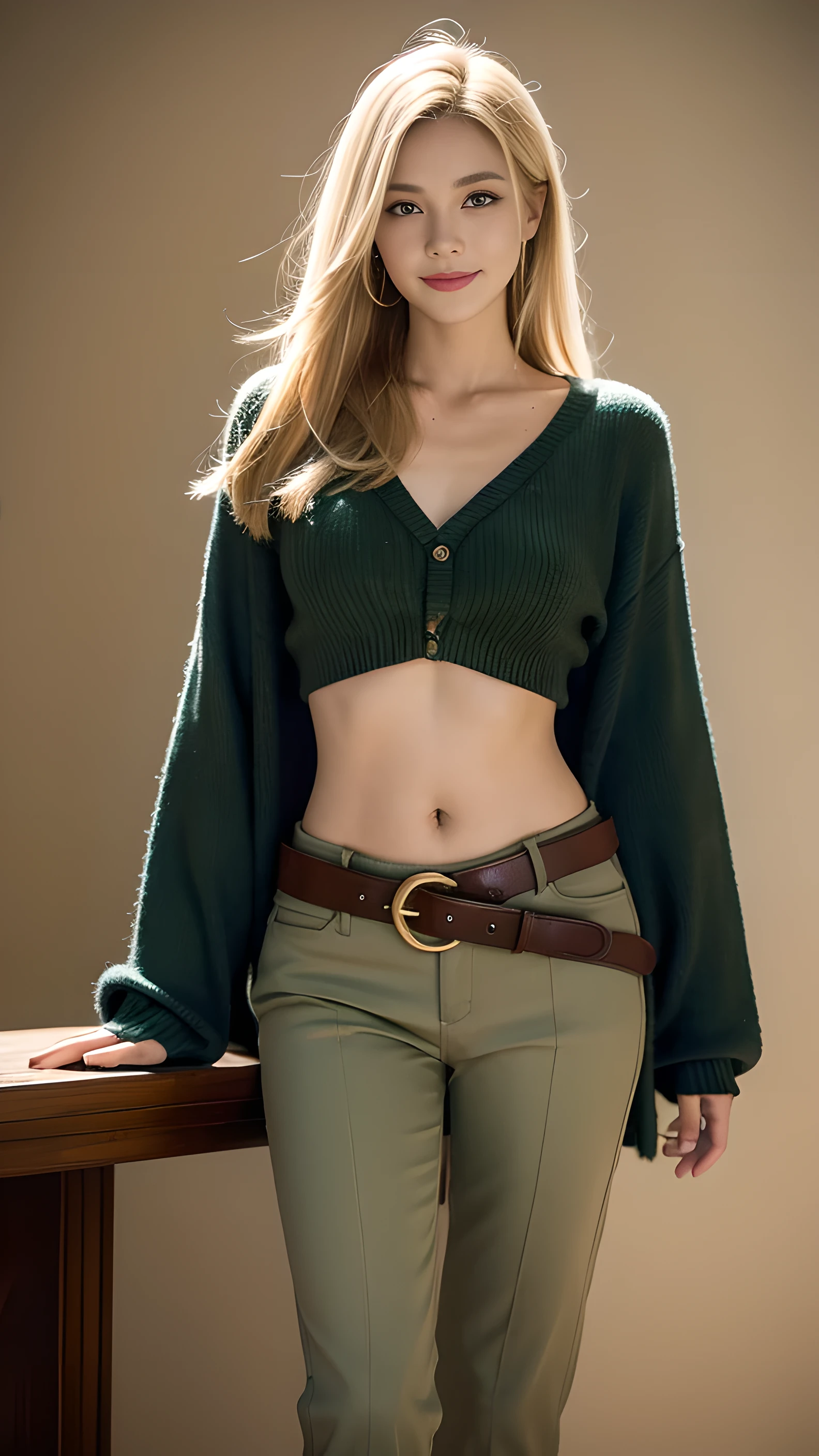 Pants, cowboy shooting, 1 girl, blonde hair, long hair, green eyes, alone, garlic,diaphragm, boots, Smile, navel,belt, Split, rest,