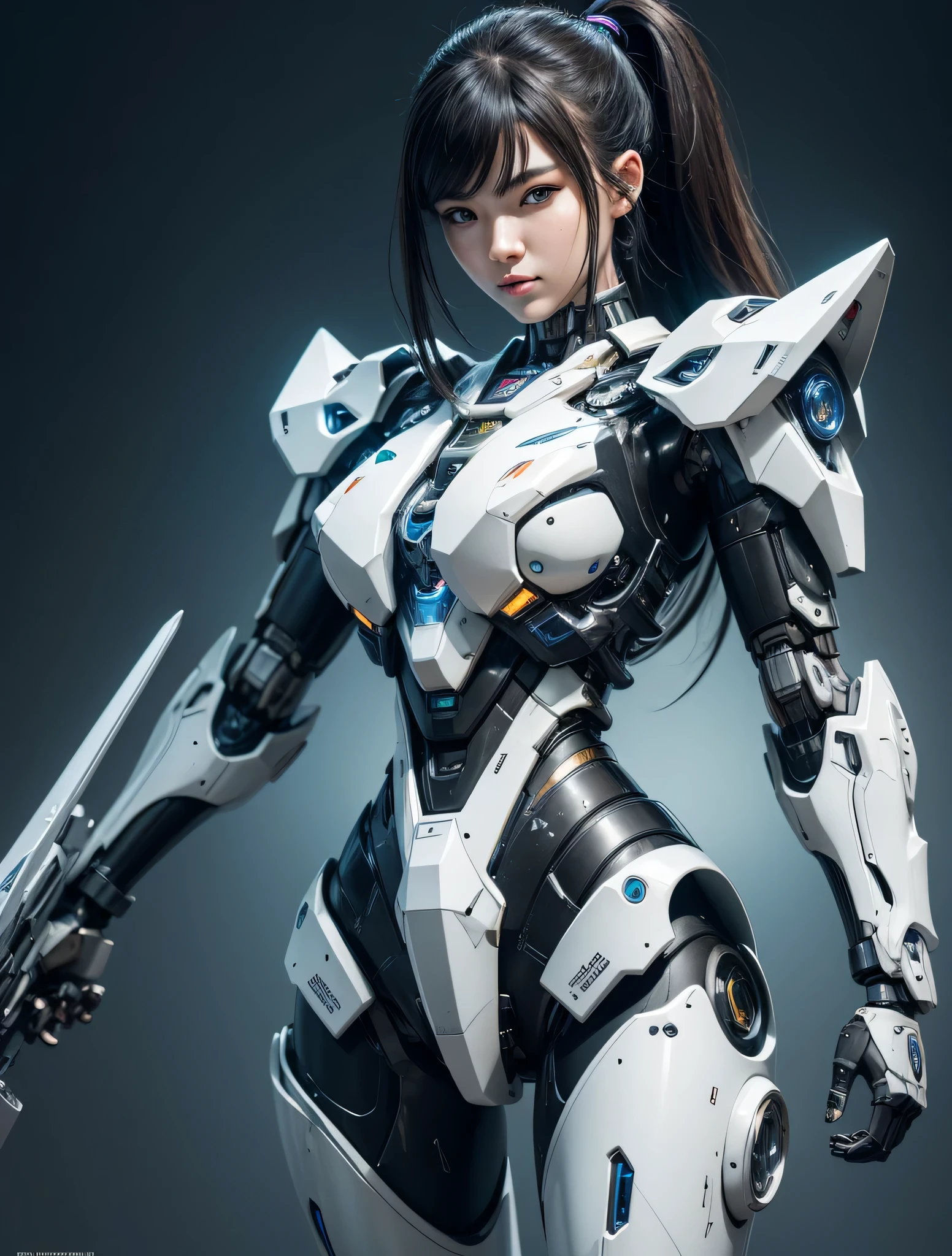 Textured skin, Super Detail, high details, High quality, Best Quality, hight resolution, 1080p, hard disk, Beautiful,beautiful cyborg woman,Mecha Cyborg Girl,Battle Mode,Girl with a Mecha Body,She wears a battle cyborg mech with a weapon,Cyborg Warrior