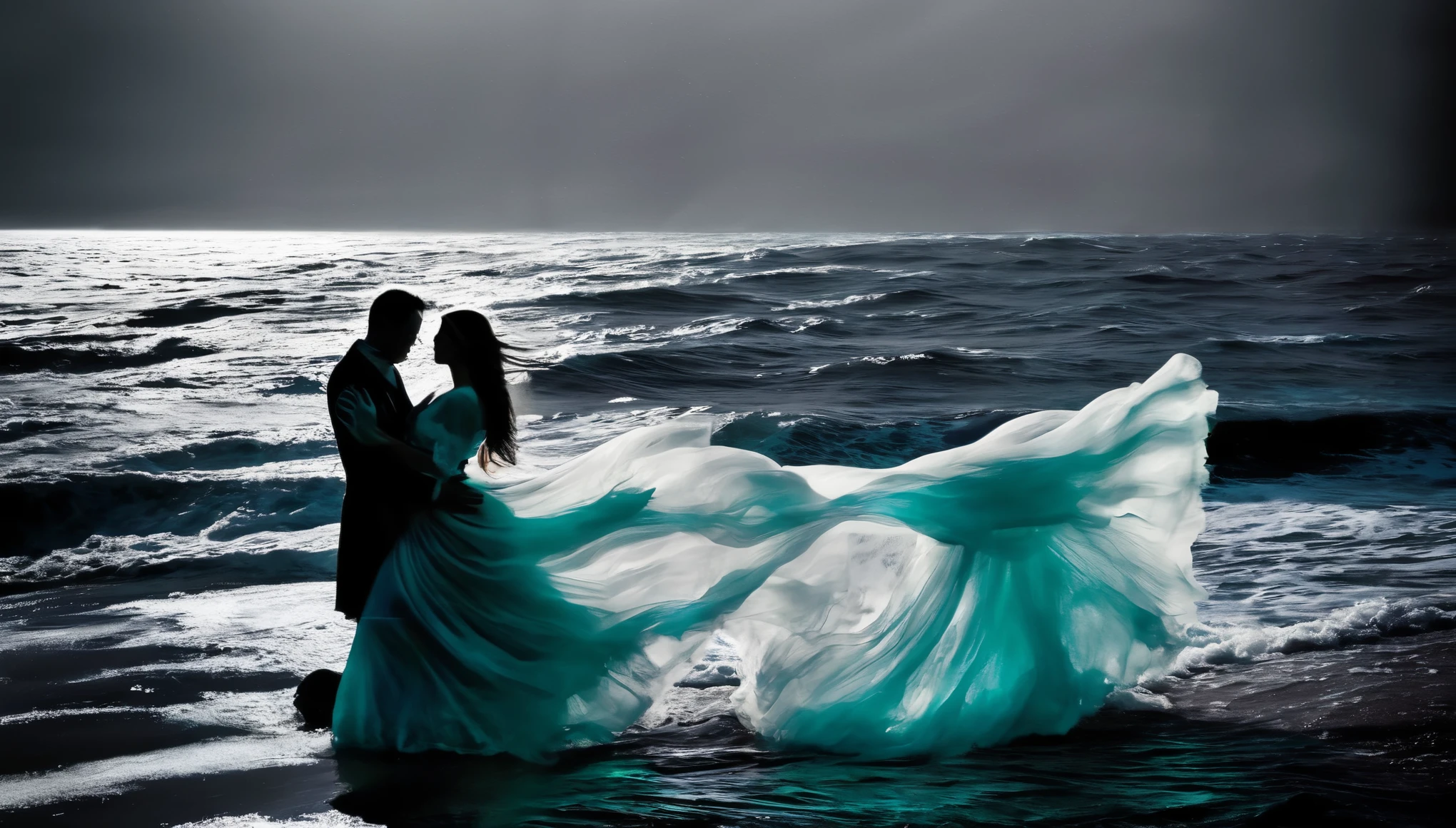(best quality,ultra-detailed,realistic),translucent glowing ghosts of the passengers(shipwrecked:1.1,spirited) of the 'titanic', mesmerizingly dancing over the vast sea. The moonless sky casts an eerie darkness, accentuating the ethereal essence of the scene. A (hauntingly beautiful) ghostly band, visible only as subtle wisps of light, plays melancholic music, serenading the lost souls. The haunting melodies mix with the sound of crashing waves, creating a haunting symphony (harmony:1.1). The shipwreck's remnants, submerged beneath the water's surface, serve as a hauntingly beautiful backdrop. The (mysterious) depths of the sea add an air of mystery and uncertainty, making the ghostly dance even more captivating. The faint glow of bioluminescent organisms (illuminates:1.1) the surrounding water, infusing the scene with a surreal and ethereal ambiance. The ghosts move with (graceful, fluid) movements, their semi-transparent figures blending with the misty atmosphere. As they sway and twirl, their (tattered, flowing) clothing adds to the ethereal beauty of their dance. Time seems to stand still in this haunting moment, capturing the essence of the tragic tale of the 'titanic' and immersing viewers in a realm between the living and the spirit world.