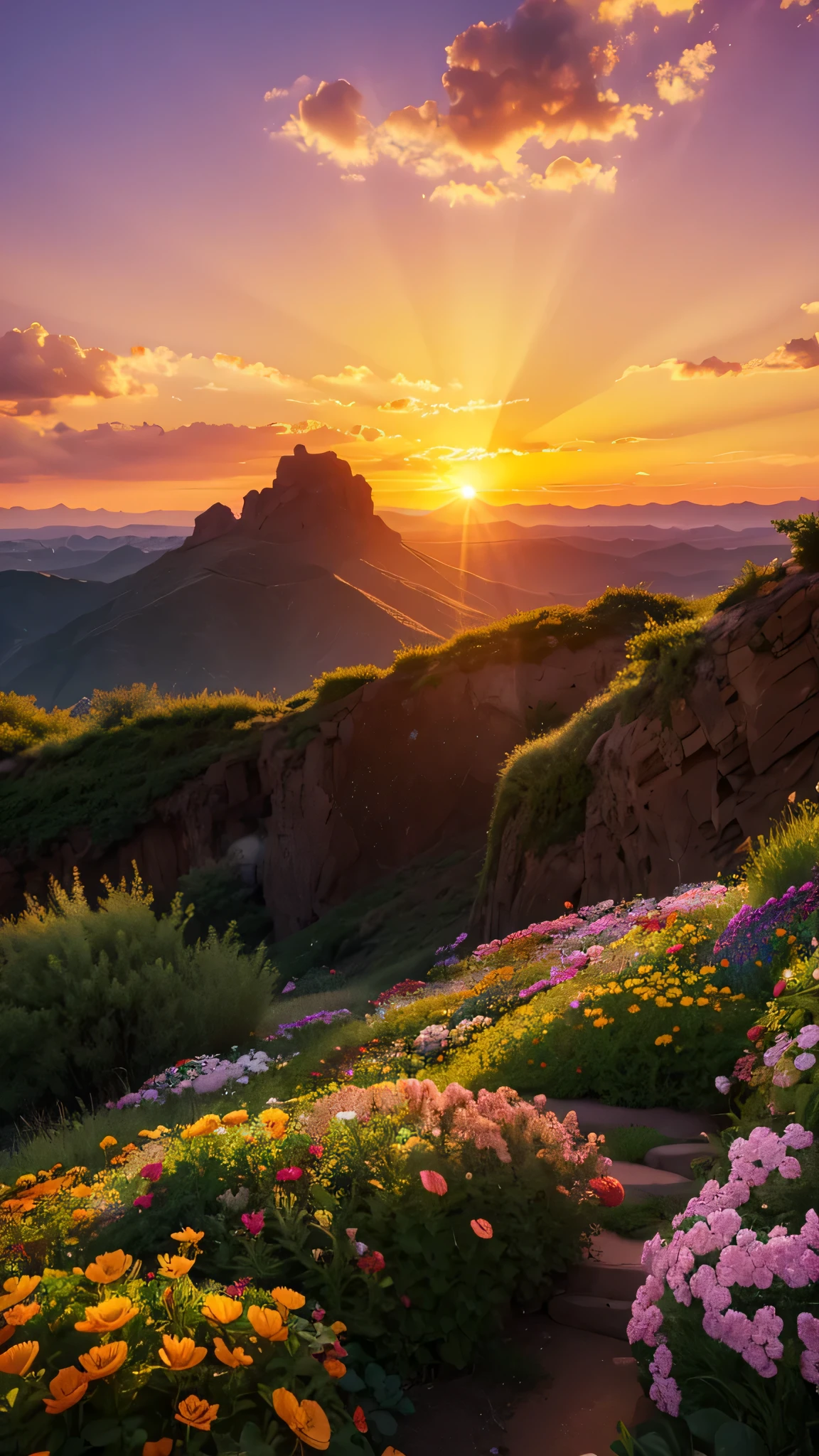 Phoenix, horizon. Sunset. grade, crystal, flowers and plants