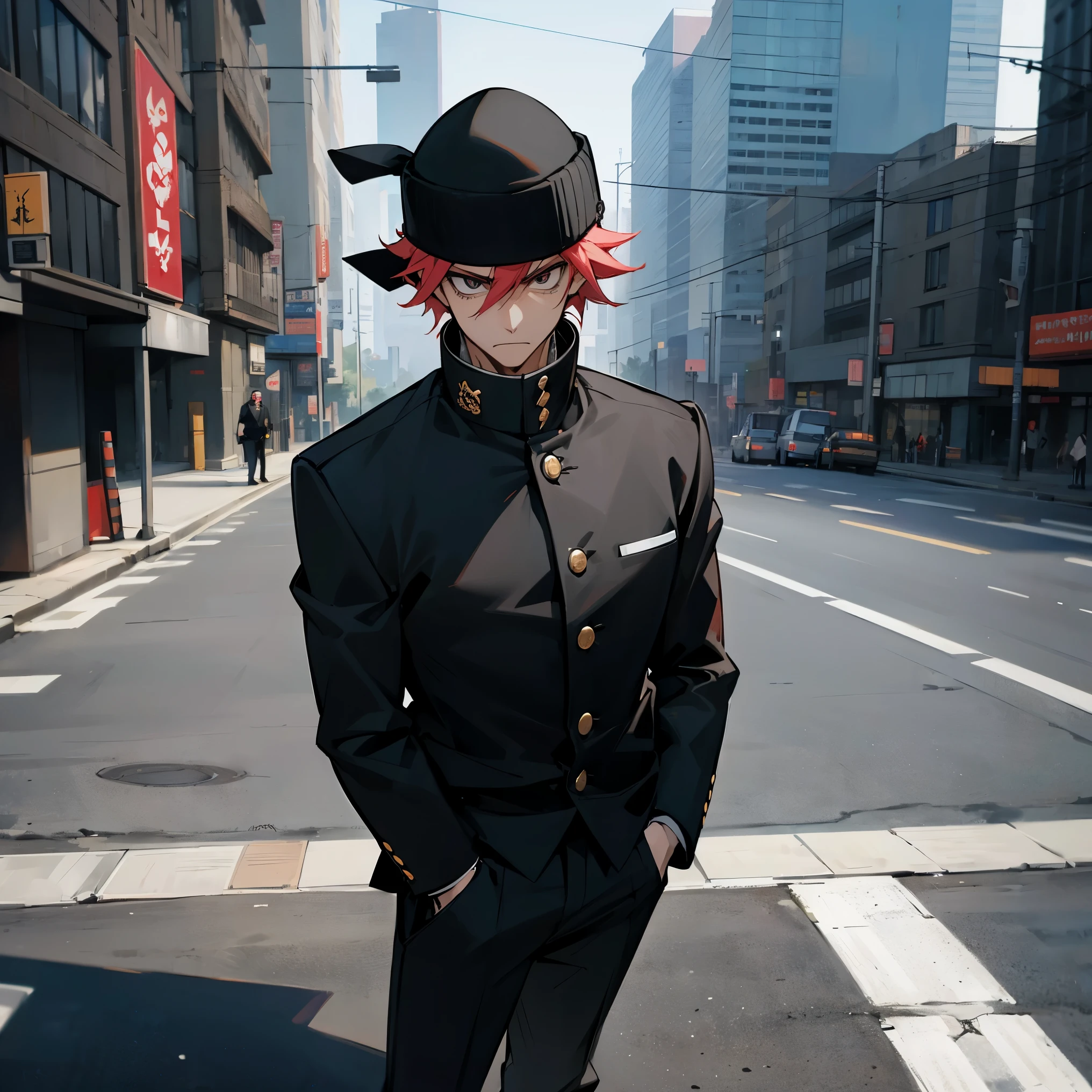 1male , Black Tracksuit , Gakuran Uniform , Modern City Background , Black Beanie , Serious Expression , Adult Male , Standing on sidewalk