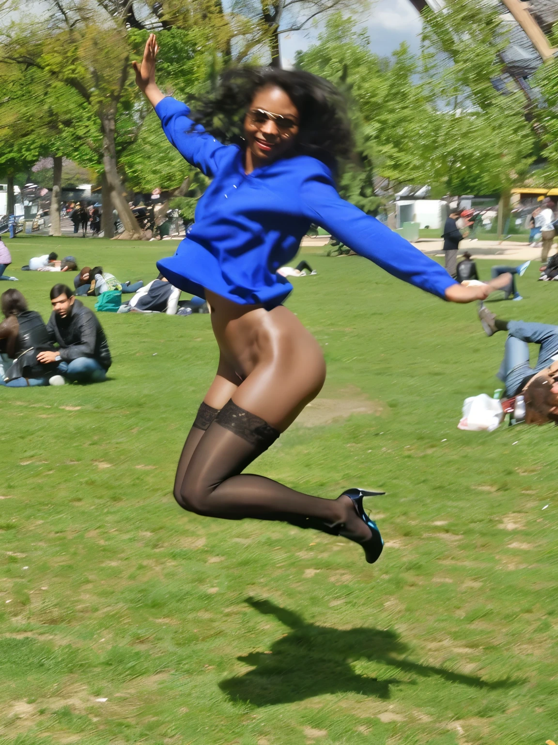 1girl black skin, jumping, sunny, (naked shaved pussy), (stockings), high heels red shoes, best quality, photorealistic, masterpiece, 8k