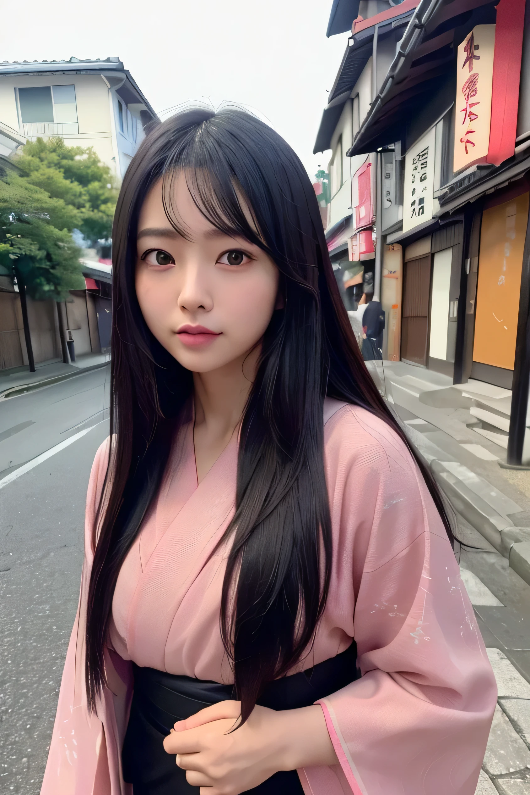 8k、RAW photo、highest quality、masterpiece:1.2)、High-definition RAW color photo、professional photos、Japanese、Beautiful woman、black hair、long hair、(genuine、Photo geneuine:1.37)(((highest quality))),30 year old woman,cinematic light,(final details face:1.2)(masterpiece:1.2),(highest quality:1.2),, In the streets of Kyoto, (yukata: 1.2))