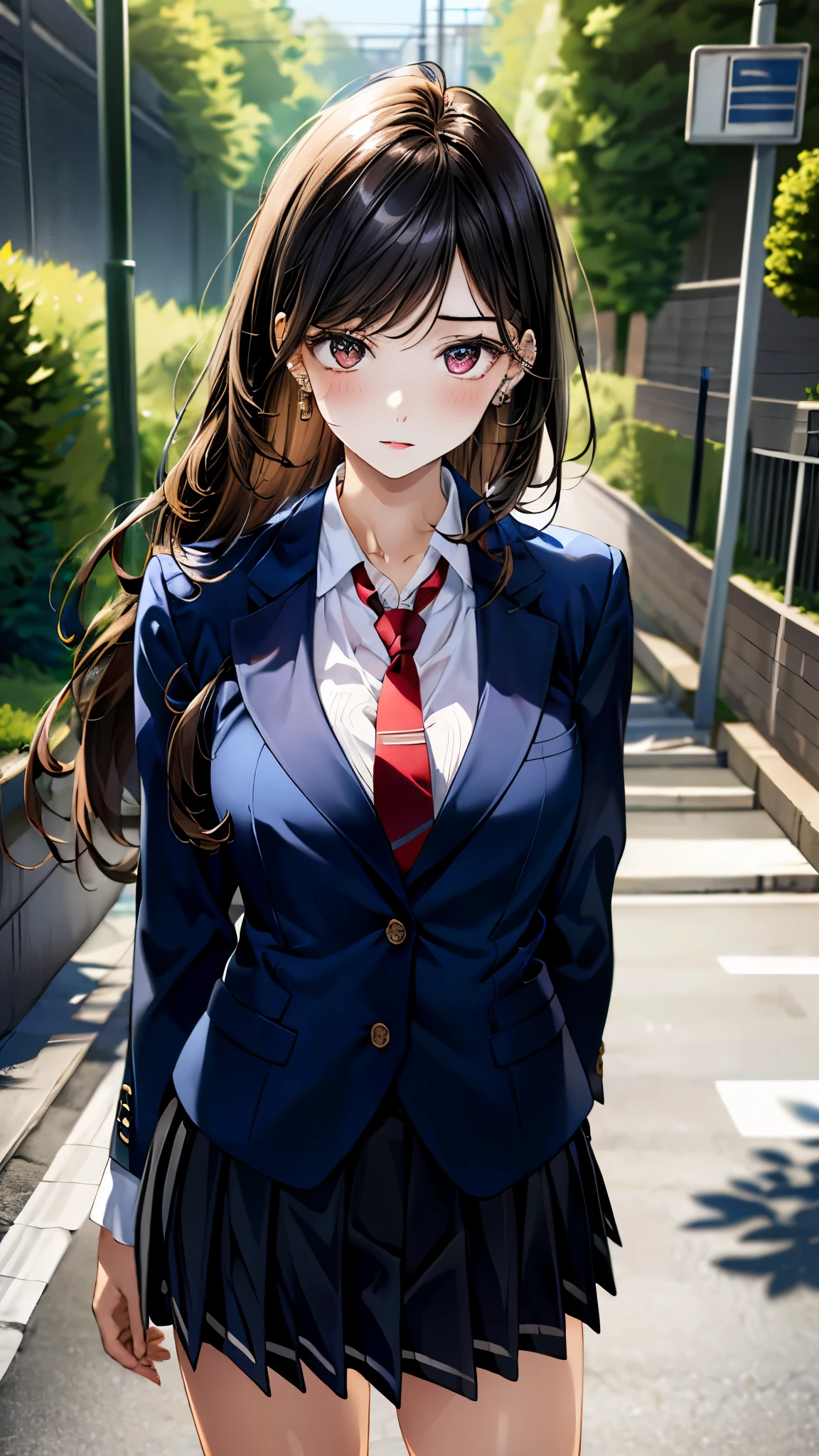 (masterpiece:1.3, top-quality, ultra high res, ultra detailed), (realistic, photorealistic:1.4), beautiful illustration, perfect lighting, colorful, depth of fields, 
beautiful detailed hair, beautiful detailed face, beautiful detailed eyes, beautiful clavicle, beautiful body, beautiful chest, beautiful thigh, beautiful legs, beautiful fingers, 
looking at viewer, cowboy shot, 1 girl, japanese, high school girl, perfect face, (perfect anatomy, anatomically correct), cute and symmetrical face, babyface, , shiny skin, 
(long hair:1.7, straight hair:1.6, parted bangs, black hair), dark brown eyes, slant eyes, long eye lasher, (medium breasts), slender, 
((navy blazer), collared white shirt, navt pleated skirt, dark red tie), navy school socks, piercing, 
(beautiful scenery), evening, (school gate), standing, (expressionless), 