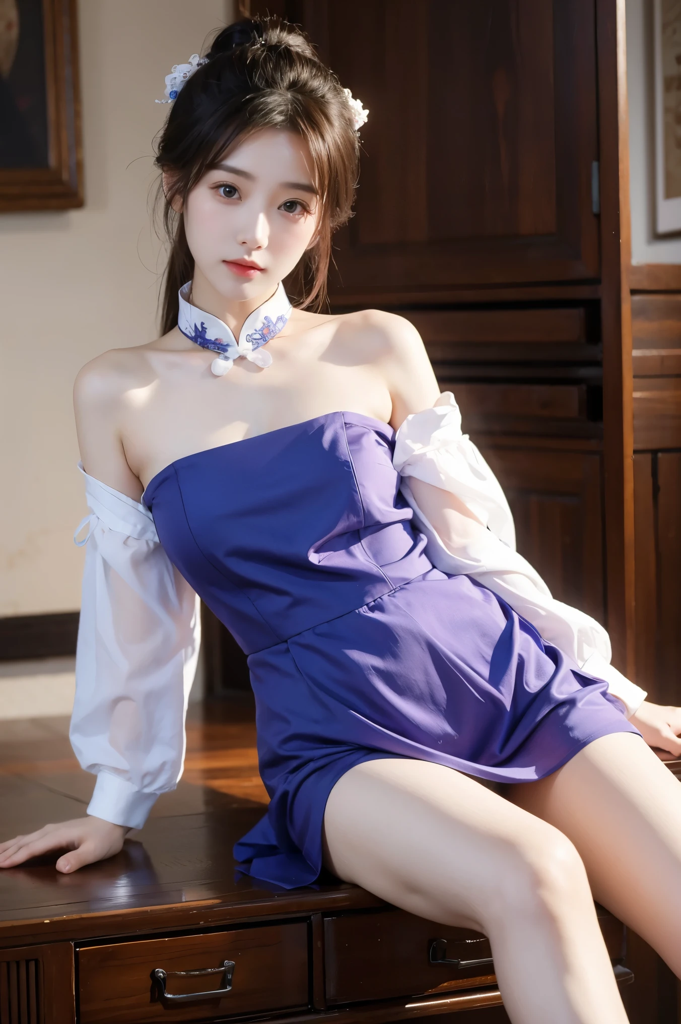  Super realistic 8k, cg, flawless, cute expression, complex details, 18 year old girl with beautiful legs wearing chiffon Chinese dress and stockings, the best quality, realistic photos,