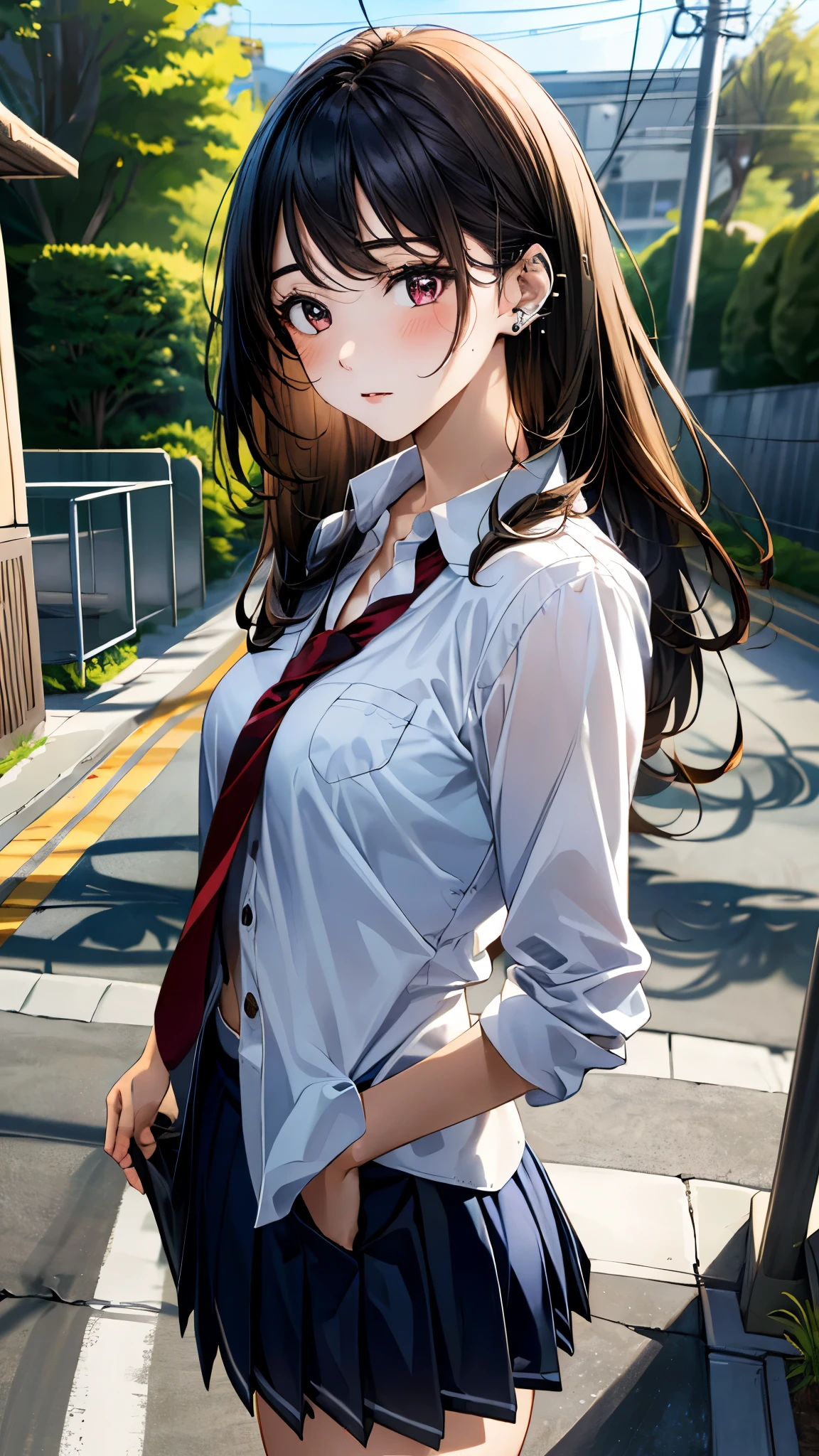 (masterpiece:1.3, top-quality, ultra high res, ultra detailed), (realistic, photorealistic:1.4), beautiful illustration, perfect lighting, colorful, depth of fields,
beautiful detailed hair, beautiful detailed face, beautiful detailed eyes, beautiful clavicle, beautiful body, beautiful chest, beautiful thigh, beautiful legs, beautiful fingers,
looking at viewer, cowboy shot, 1 girl, japanese, high school girl, perfect face, (perfect anatomy, anatomically correct), cute and symmetrical face, babyface, , shiny skin,
(long hair:1.7, straight hair:1.6, parted bangs, black hair), dark brown eyes, slant eyes, long eye lasher, (medium breasts), slender,
((navy blazer), collared white shirt, navt pleated skirt, dark red tie), navy school socks, piercing,
(beautiful scenery), evening, (school gate), standing, (expressionless),