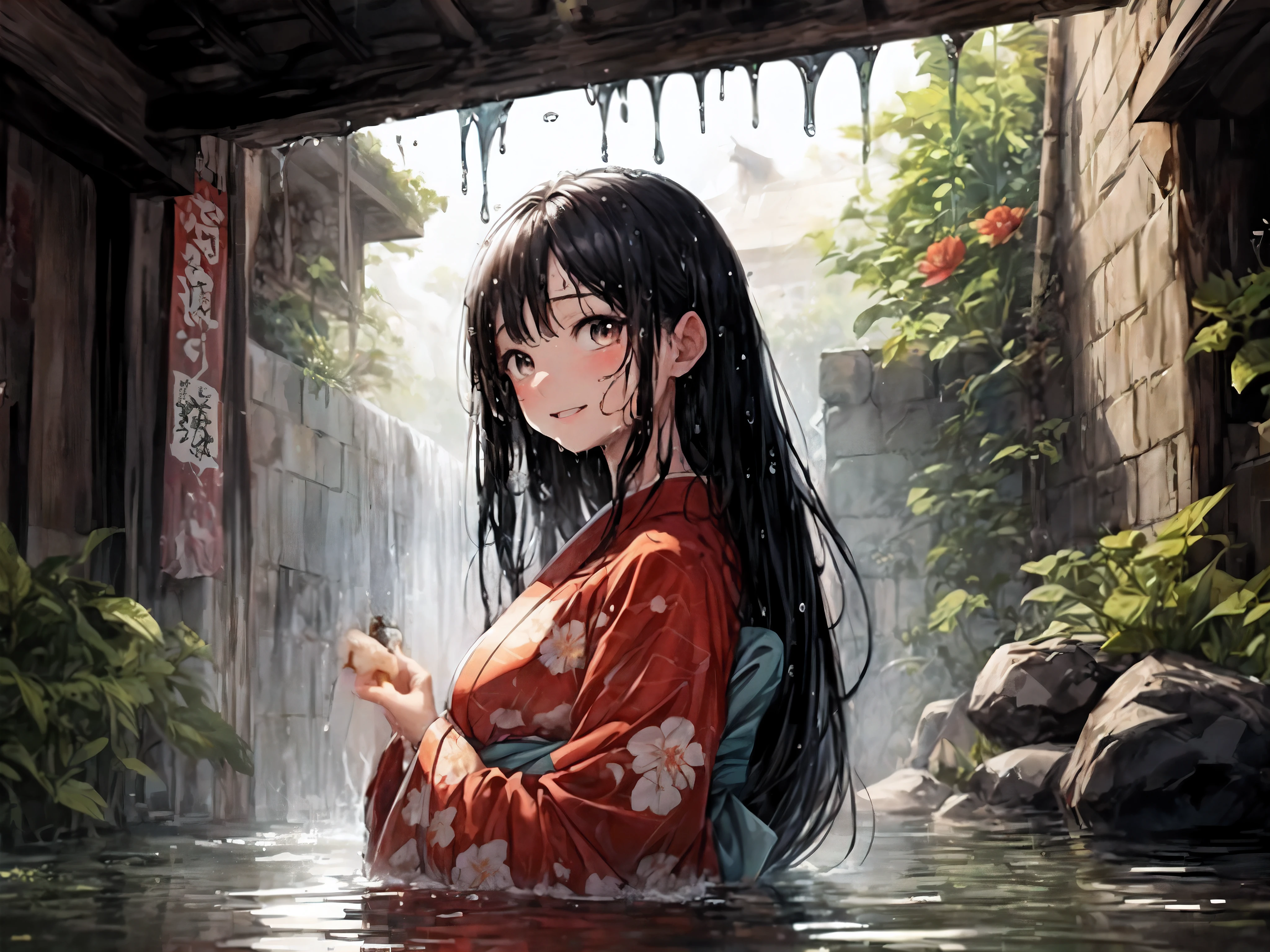 super quality, High resolution, intricate details, panoramic, Anime  wearing (Flower kimono), cotton kimono, (red kimono:1.15), (Very big kimono, Yamato clothing sleeves, best cotton texture, Best Wrinkles on a Kimono), alone, whole body, beautiful eyes, (Partially submerged:1.1),Part of the kimono in the water, (squirt, water column:1.1) (wet, very wet kimono, wet body, wet long black hair, wet kimono sleeve, wet kimono drees, wet skin:1.1), (clear mucus wrap), immerse in water, Poignant and poignant, Smiling in despair, smile in sadness, Keep your mouth shut, (Beautiful and delicate water:1.1), (dark dungeon, 黑暗潮wet水牢, hermetic space:1.15), (a), dark light, light source, (An atmosphere of despair:1.15), water mist, Inspired by the manga of Itcho Hanaya, pixiv contest winners, Ukiyo-e, Ukiyo-e art style, Ukiyo-e style, Japanese art style, Japanese illustrator,