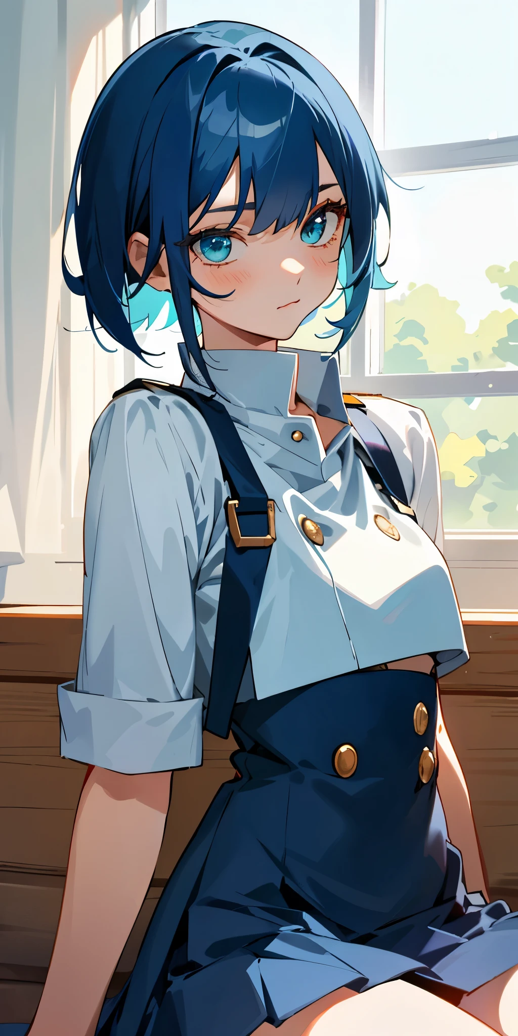 1 girl、one person、 uniform、sitting、cowboy shot、blue mini skirt、indoor、short navy blue hair like a boy、beautiful green eyes、strong pleasure on the face、From the side、upper body close-up