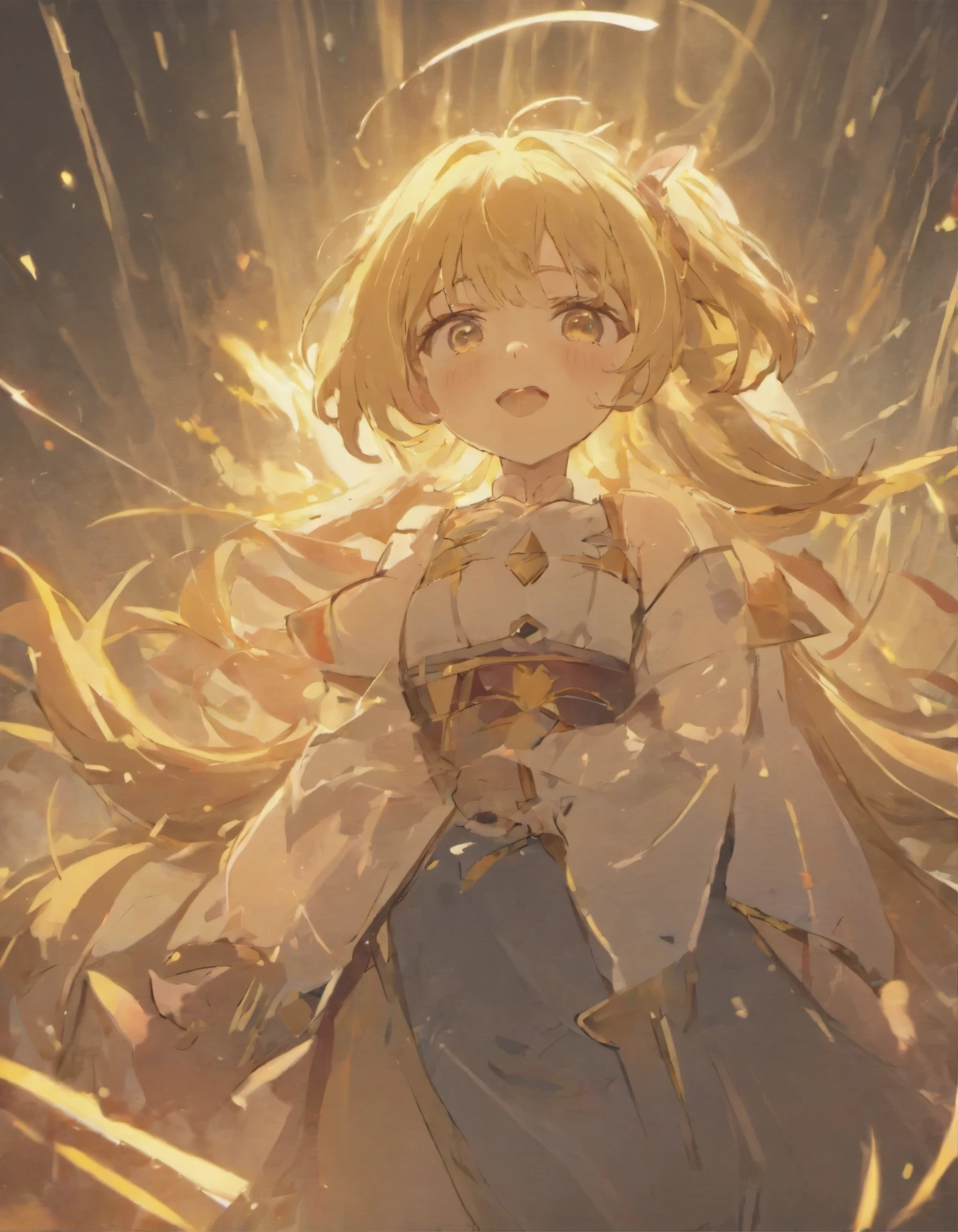 Create a professional illustration with a friend. Fantasy where a woman with yellow or blonde hair smiles at a man who is looking at her in despair because the woman is being raped by two soldiers (fantasy illustration: 1.5), (solo: 1.2), (anime ,8k,masterpiece, top quality, best quality,beautiful and aesthetic:1.2,professional illustration:1.1,ultra detail:1.3,perfect lighting)