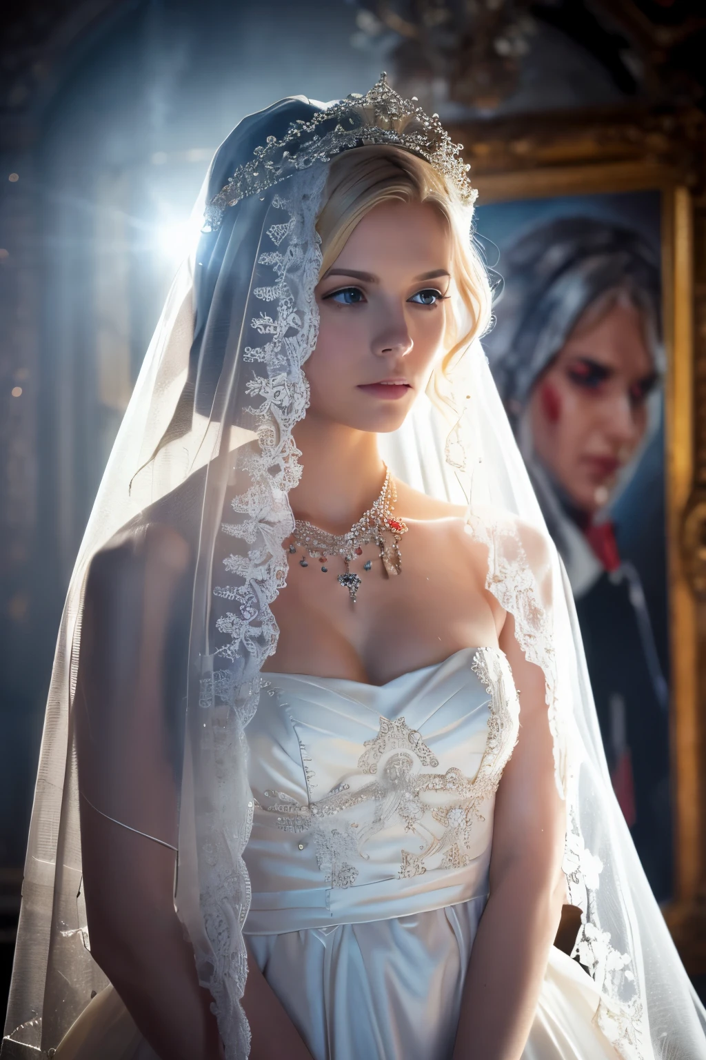 highest quality,masterpiece,ultra high resolution,1 girl,gun,dress,blonde hair,veil,alone,jewelry,Blood,necklace,blue eyes,Blood on clothes,snow,bridal veil,wedding dress,wood,building,(covered in on art station,of art,colorful,beautiful,art station,movie mood,Dramatic Copressive Lighting,Shadow,movie-like atmosphere,sharp focus,Work safety,