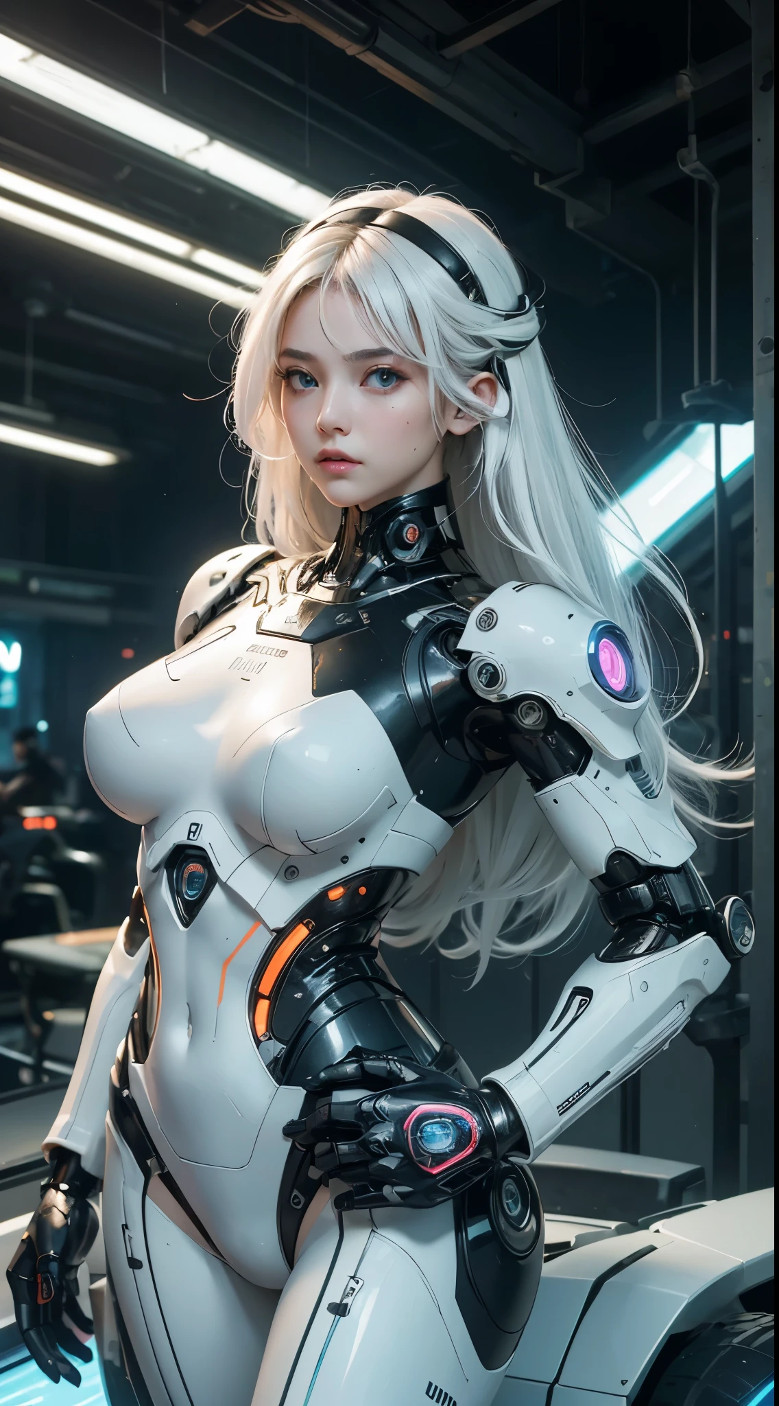 National Science Foundation, 1 girl, , whole body, cyberpunk, Mecha, Mechanics, (masterpiece: 1.4), (8K, realist, original photo, best quality: 1.4), Transparent nipple areola shape, Beautiful, japanese girl, beautiful cute face, (serious: 1.4), perfect , beautiful hairstyle, Ojos azules realists, Beautiful and delicate eyes, (real skin: 1.3), beautiful skin, attractive, angry face, ultra high resolution, ultra realist, light, hair dyed white, long hair, ribbon, Urban ruins, Tomorrow's world,retro futurist,cyborg,white hair,Part of the face is a robot,retro futuristic colors, neon lights ,Yoga pose view,CSCO protector