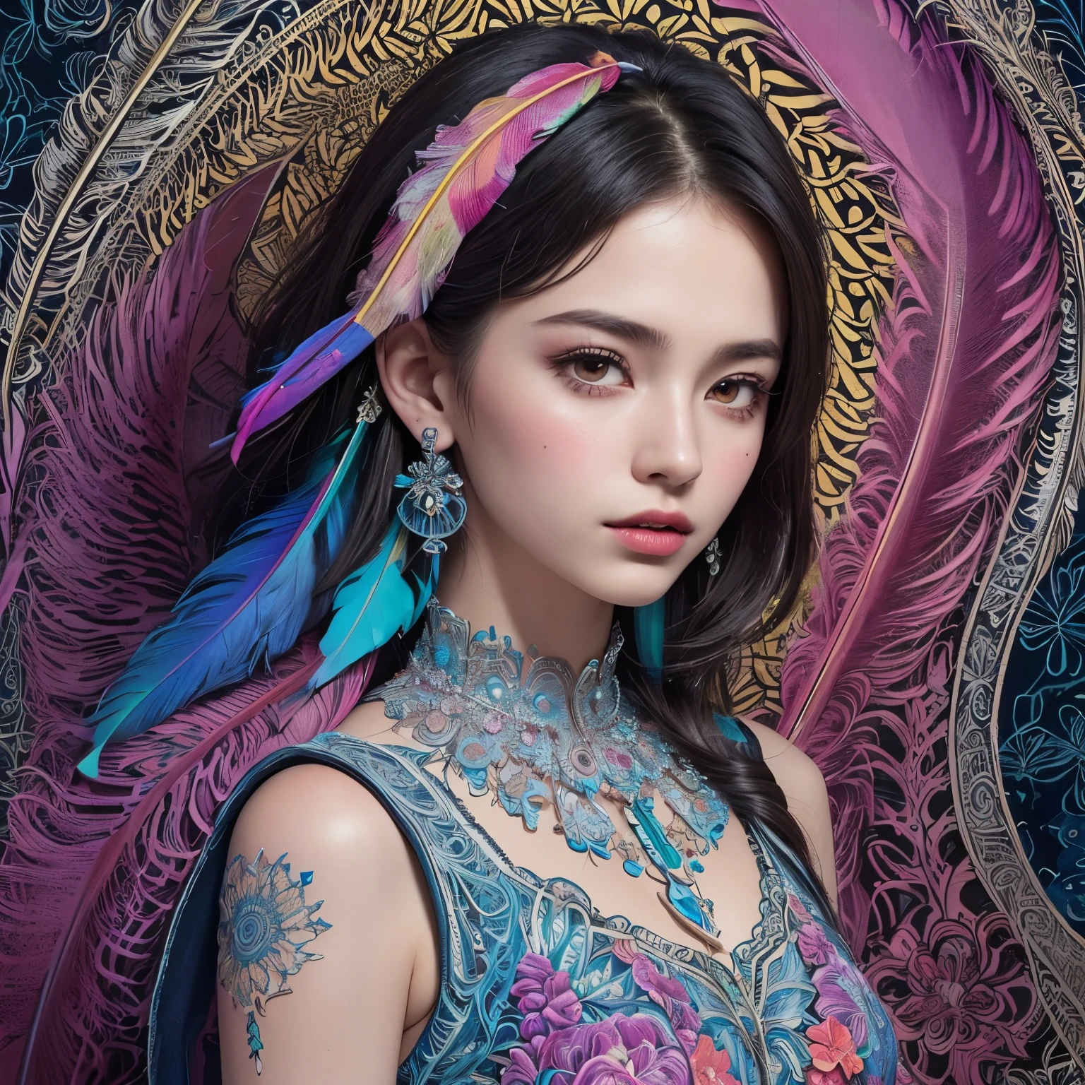 (masterpiece, highest quality, highest quality, official art, beautiful and aesthetic:1.2), (1 girl:1.3), very detailed,(fractal art:1.1),(colorful:1.1)(flowers:1.3),most detailed,(zentangle:1.2), whole body, (abstract background:1.3), (shiny skin), (lots of colors:1.4), ,(earrings), (feather:1.5),