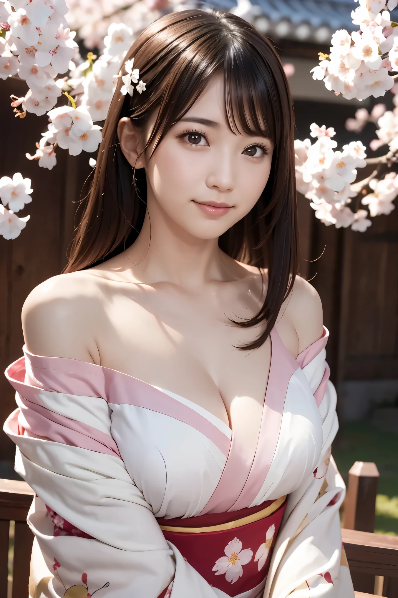 (logo、masterpiece、8K、table top、Raw photo、wonderful、最high quality、Photorealistic and hvery detailed CG integrated 8K wallpaper、high quality、very detailed、Narrative poem、particle effects、dynamic effects、written boundary depth、cinematic light、Lens flare、ray tracing)、fantasy、 (1 beautiful woman、white kimono、Japan Dress、off shoulder、white cherry blossom pattern、White cherry blossom embroidery pattern、black haired、beautiful face、real face、smile、beautiful details eyes beautiful skin)、Hair flutters in Wind、hair bounces、pink cherry tree、petals dance、SakuraFubuki、wonderful景色、sunrise、sun on background、Wind、god々、teeth、god話、vast land