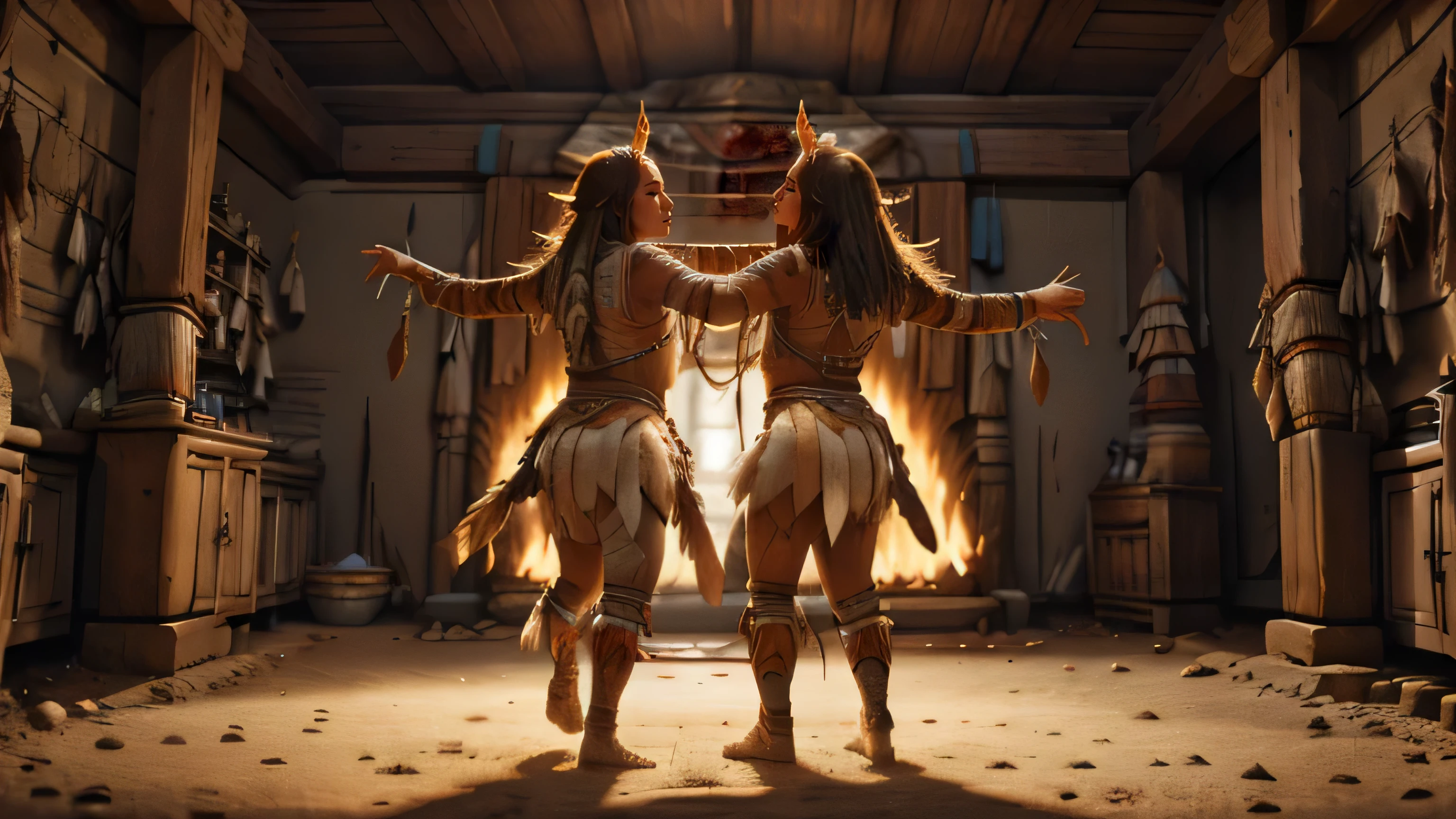 Native American dance around the fire: plusieurs femmes et hommes dansant. Traditional indigenous dances, a eu lieu lorsque les guerriers retournaient dans leurs villages pour raconter en dansant l&#39;histoire de leurs combats (best quality, hdr, Ultra-detailed, Realistic)