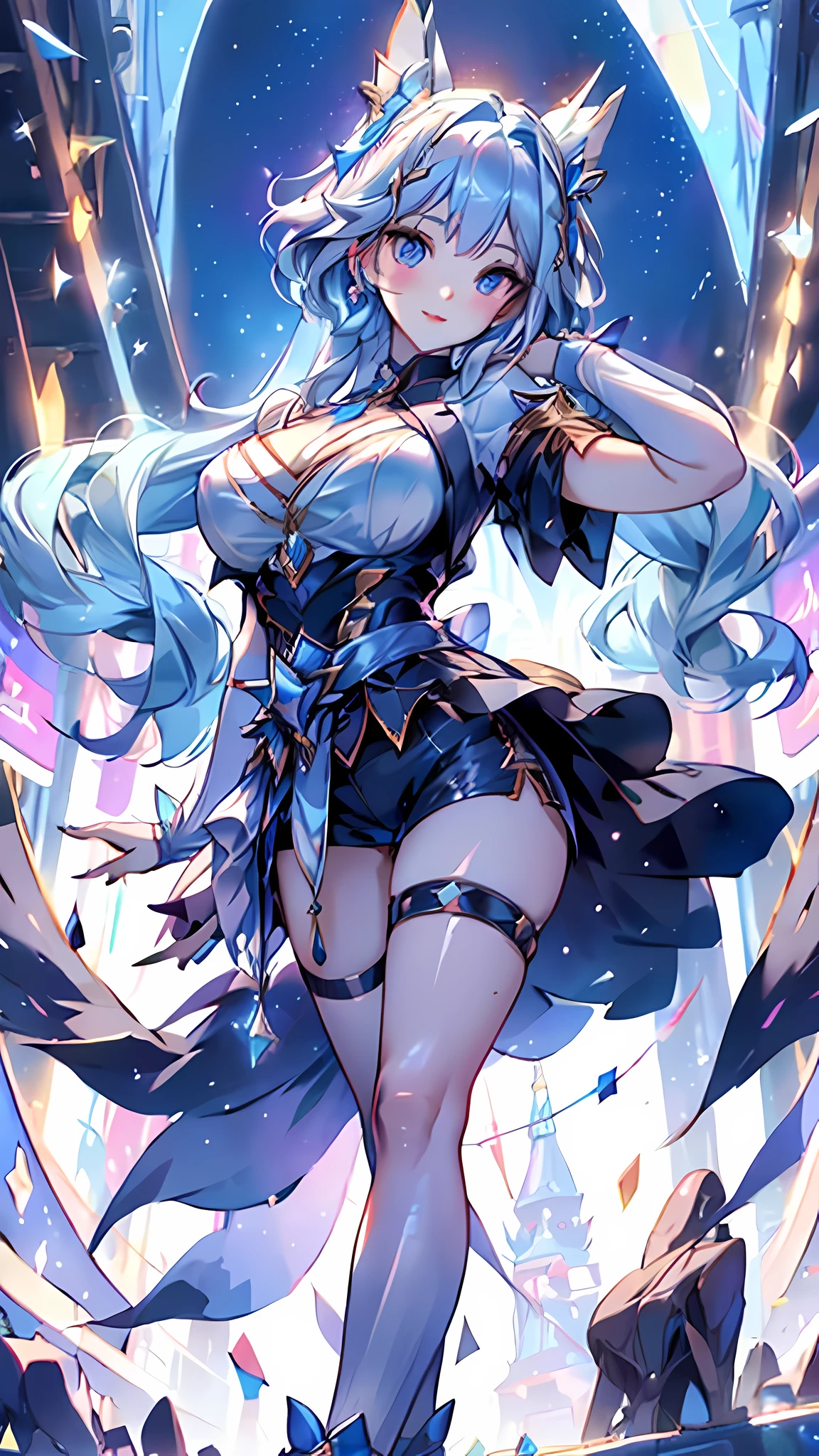 (masterpiece), best quality, expressive eyes, perfect face,cleavage,big breasts,furina \(genshin impact\), heterochromia,(japanese idol costume:1.4), waist bow, short shorts, thigh strap, high heels, frilled socks, waist cape,smiles,concert stage,confetti,(night:1.1),(starry sky:1.2),sexy pose