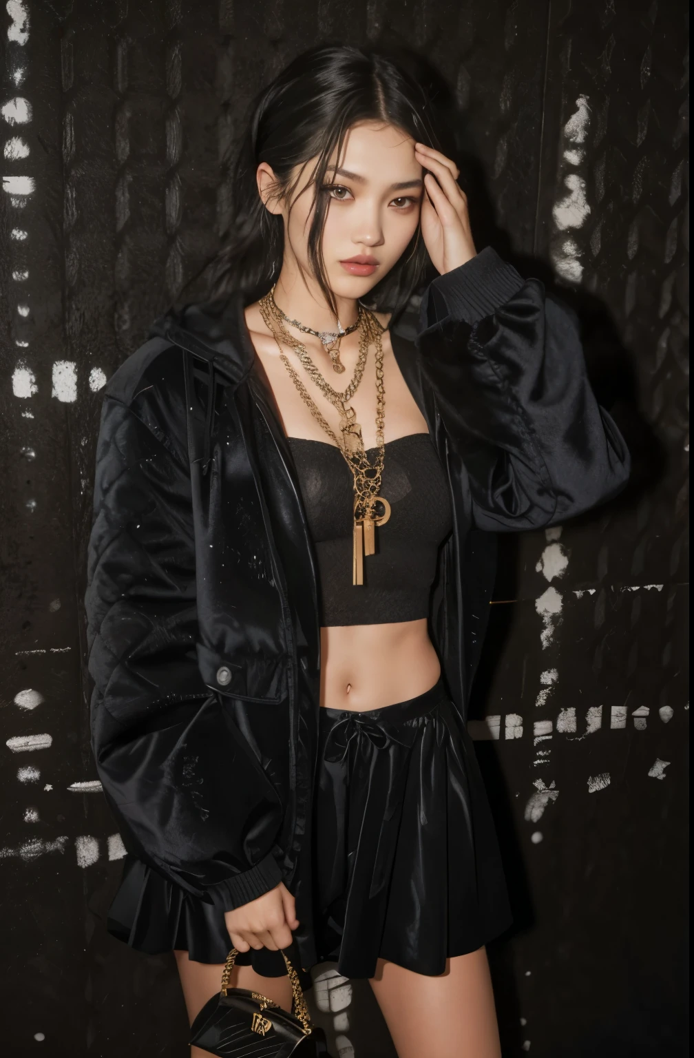 Mujer araffe con chaqueta negra y falda sosteniendo un bolso., jennie rosa negro, gemma chen, she parece una mezcla de mugre, Lulu Chen, ella lleva ropa de calle, su ombligo esta expuesto, bella hadid, parece una mezcla de mugre, bella poarch, cerveza madison, usando cadenas, kiko mizuhara, zendaya, wearing Japanese technical clothing