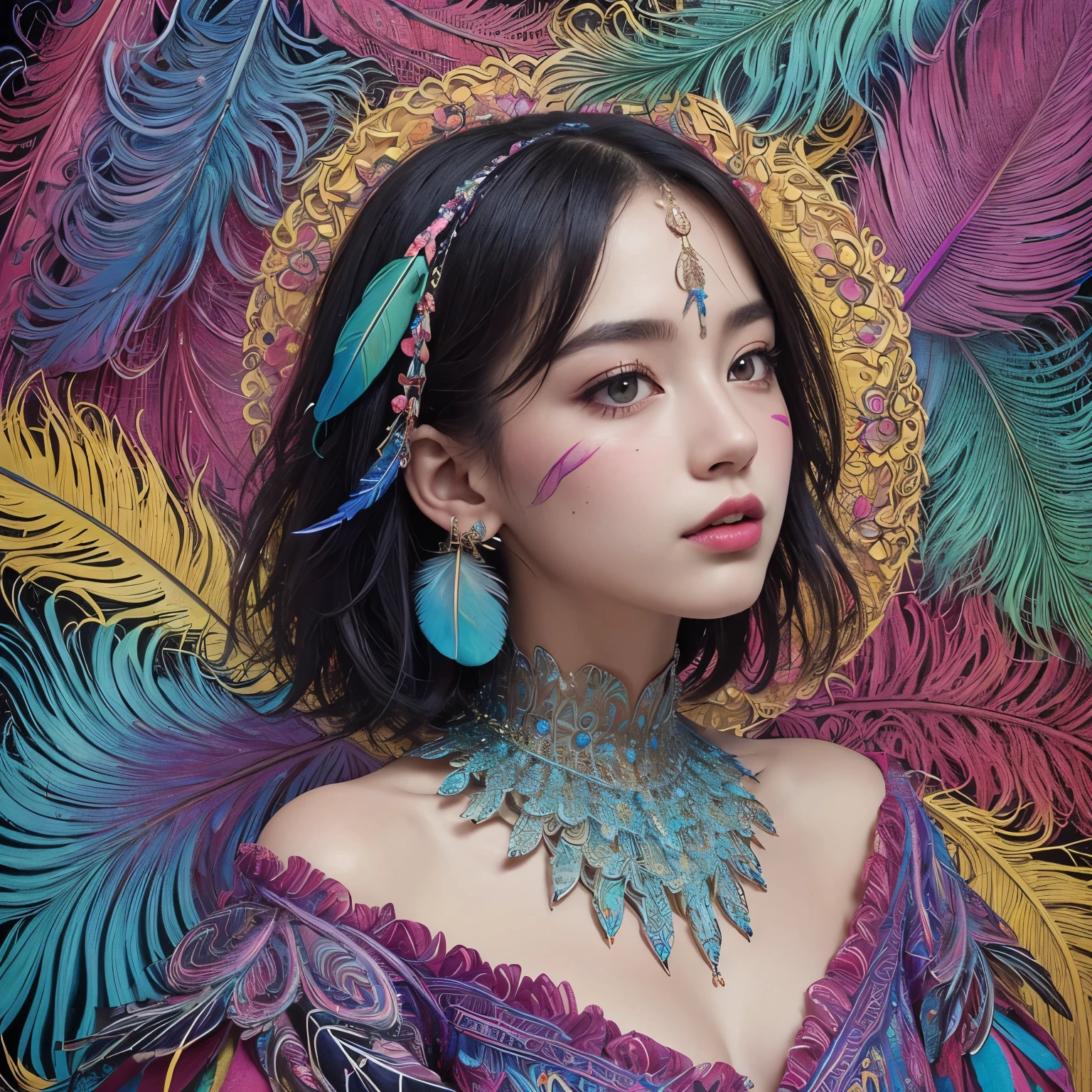 (masterpiece, highest quality, highest quality, official art, beautiful and aesthetic:1.2), (1 girl:1.3), very detailed,(fractal art:1.1),(colorful:1.1)(flowers:1.3),most detailed,(zentangle:1.2), whole body, (abstract background:1.3), (shiny skin), (lots of colors:1.4), ,(earrings), (feather:1.5),