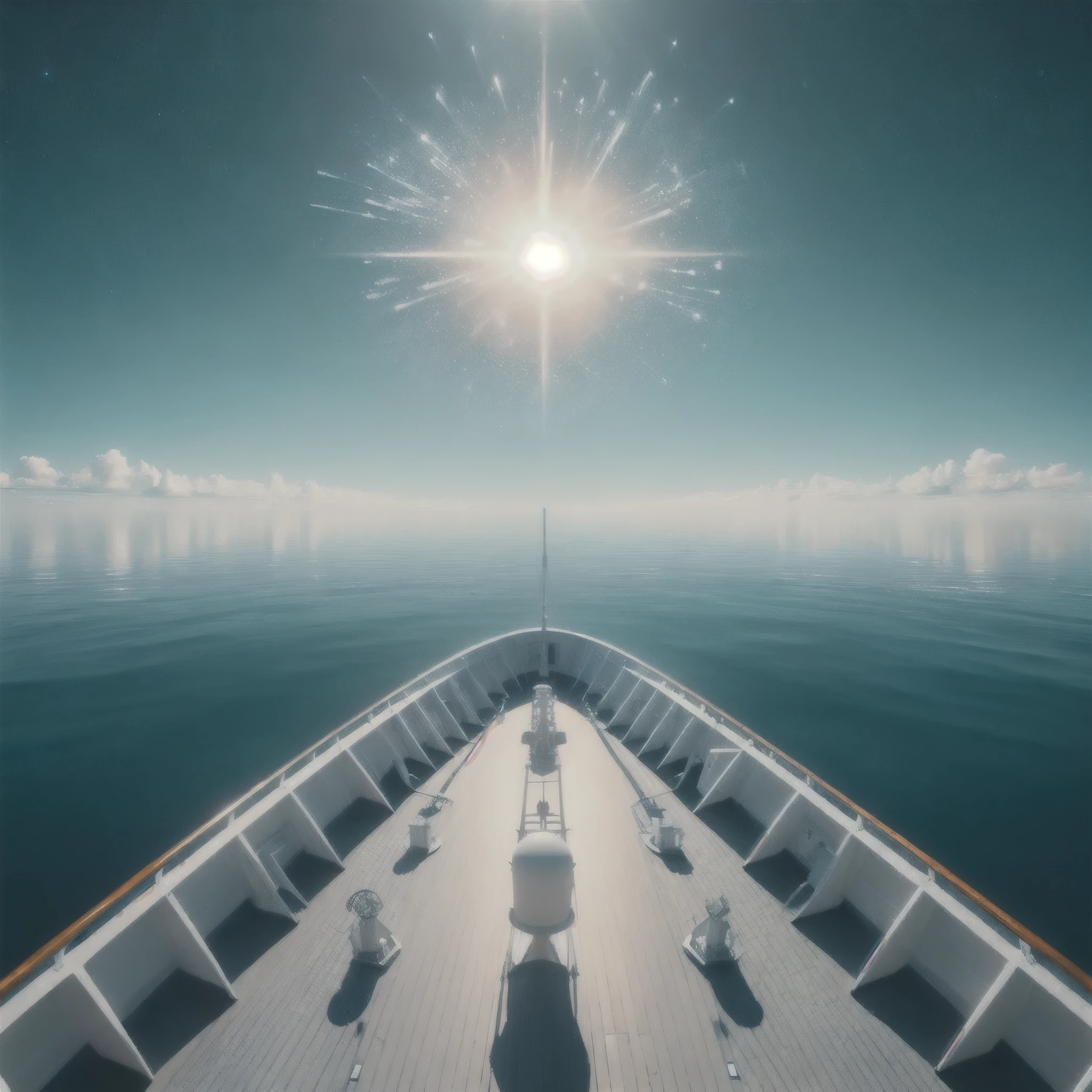 a view of a boat with a sun shining over the water, by Alexander Kucharsky, mikko lagerstedt, marc adamus, on the bow, by Mike Winkelmann, stunning atmosphere, inspired by Mike Winkelmann, on the sea, intricate sparkling atmosphere, on the ocean, in majestic, absolutely outstanding image, incredibly beautiful