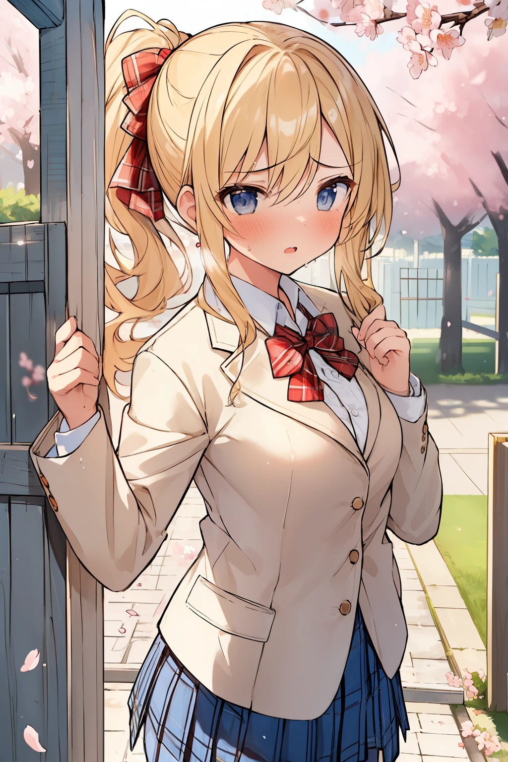 ((( masterpiece, highest quality))), ((girl)),、NSFW、at close range、cute、blonde、long hair、Curly ponytail、white blazer、plaid skirt、、Life、anger、anger look、anger、((close)), ((flushed)),,,Sweat、perfect lighting、Natural light、perfect composition、school gate、cherry blossoms