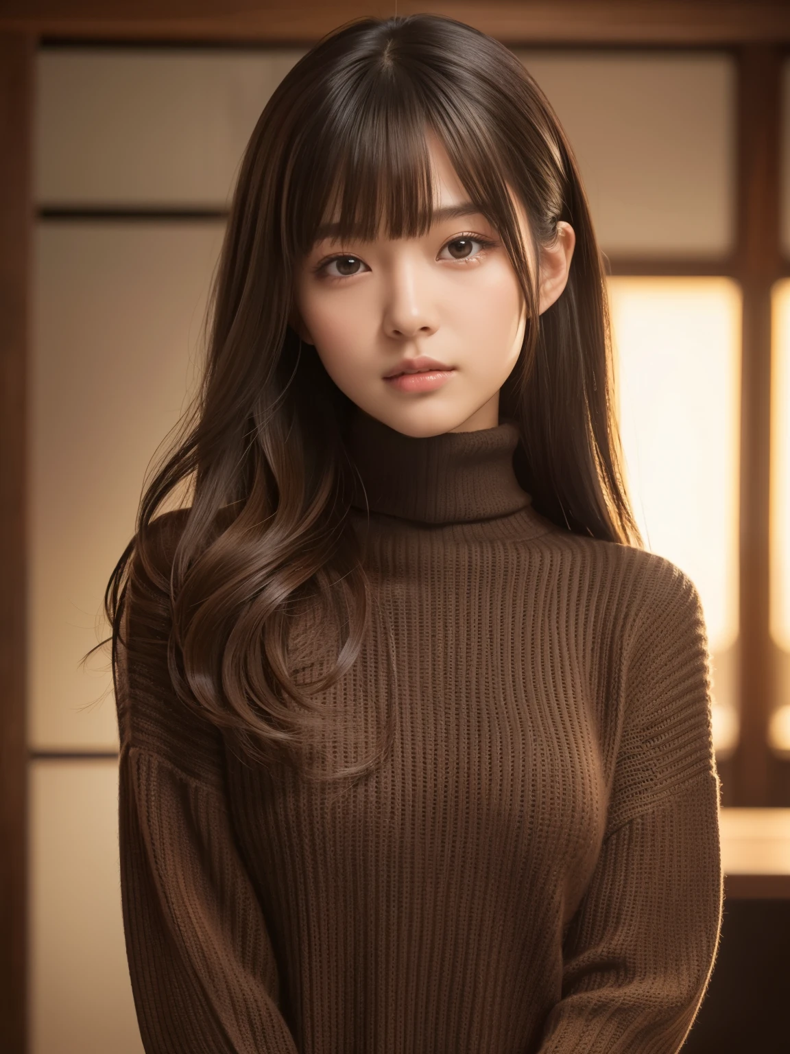 product quality, 1 girl, cowboy shot, front view, a Japanese young pretty girl, at night, wearing a black knitted turtleneck sweater, wearing mini skert, hyper cute face, glossy lips, double eyelids for both eyes, (natural makeup), shiny smooth light brown hair of long hair, asymmetrical bangs, central image, 8K resolution, high detail, detailed hairstyle, detailed face, cinematic lighting, octane rendering, hyper realistic, perfect limbs, perfect anatomy,