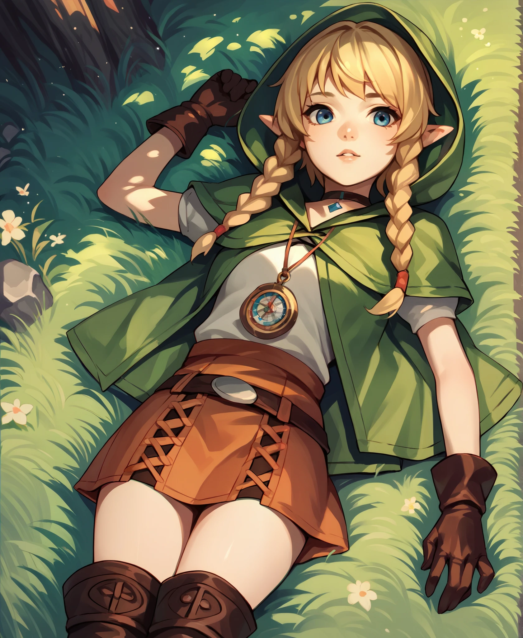 score_9, score_8_up, score_7_up, source_anime, rating_safe, from above, solo, 1girl, linkle, parted lips, looking at viewer, lying, on back, twin braids, green capelet, hood, leather gloves, skirt, thigh boots, choker, belt, outdoors, grass 