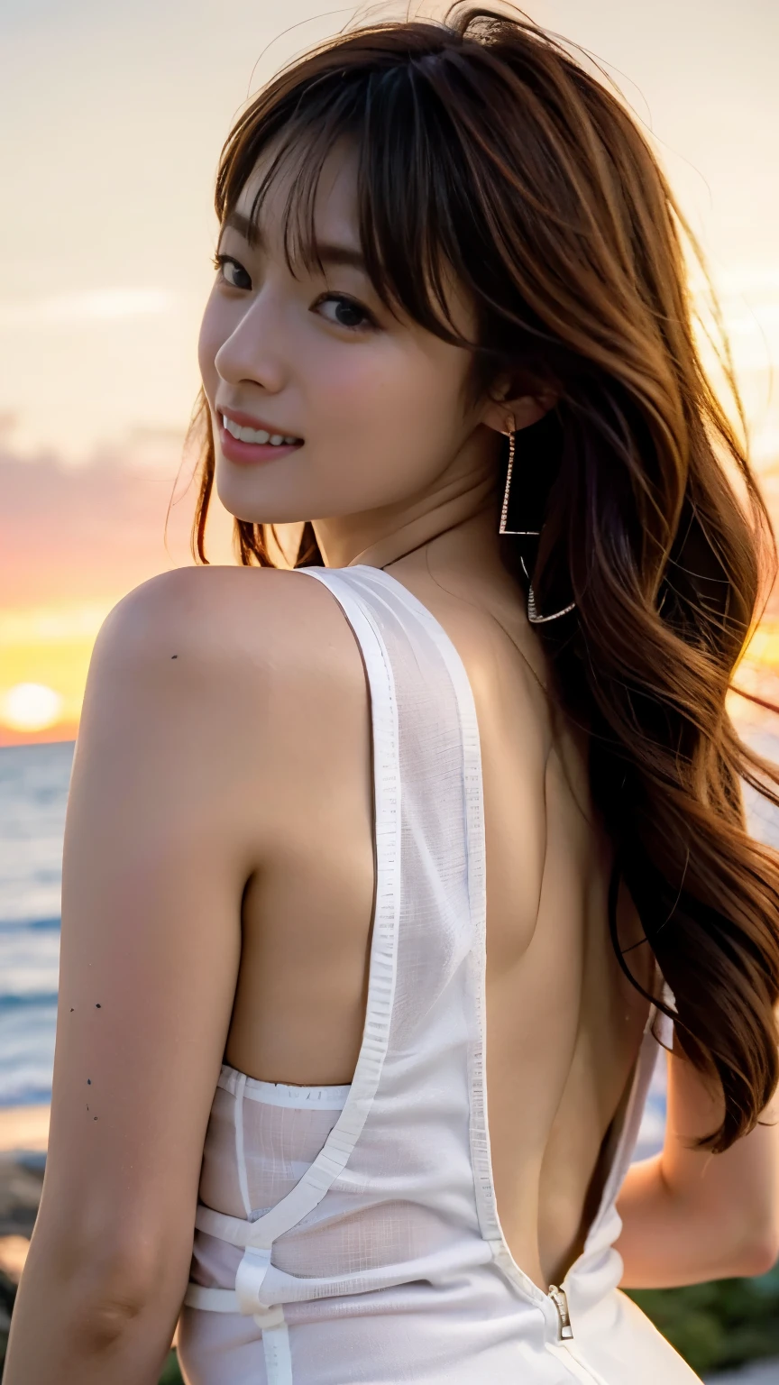 ((Flawless解剖学)),An image of a beautiful girl on a beautiful beach in Hawaii with the sunset reflecting on the sea surface.,nice earrings and necklace,Attractive silhouette photo taken from the front with the sunset in the background ,(She beautifully wears a high neck front zip high leg swimsuit),(((The best coke bottle body with F cup beautiful breasts))),Full body shot from behind at the beach,realistic,Flawless,best image quality,professional angle of view,excellent details,ultra high resolution,realistic:1.4),high detail,focus on details,High concentration of 1girls,Beautiful long chestnut hair waving in the wind,Beautiful face with a delicate and high nose,Long limbs and slim waist like a model,Beautiful tight ankles stand out,white skin is dazzling,