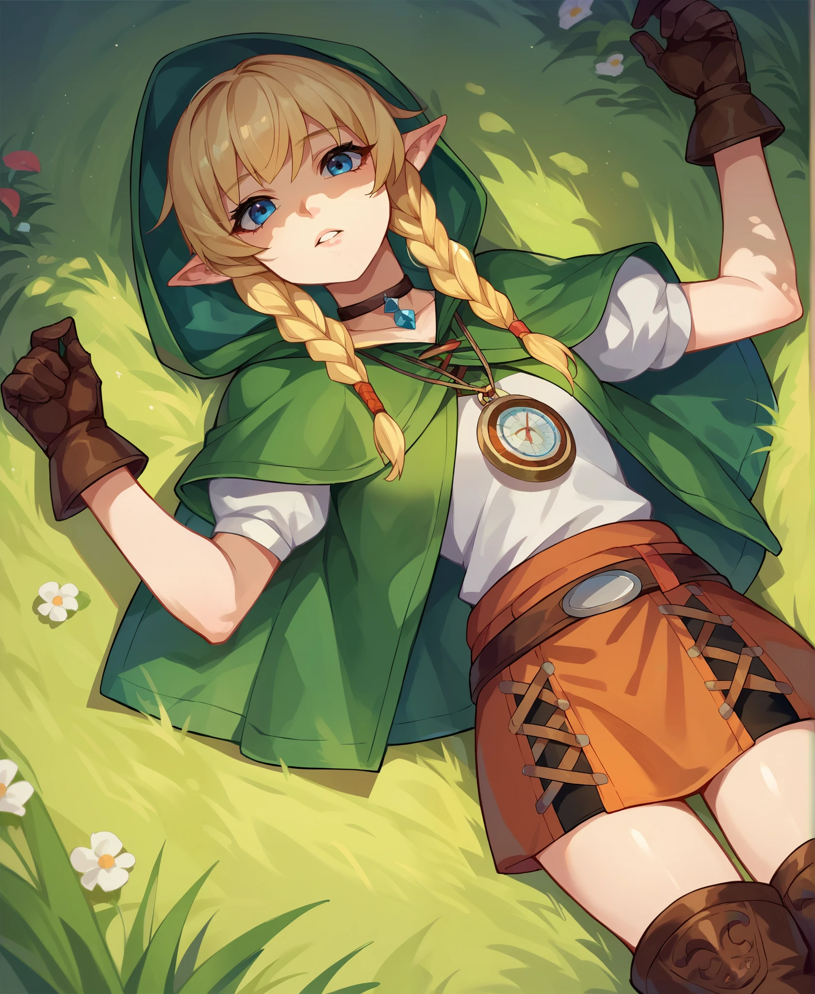 score_9, score_8_up, score_7_up, source_anime, rating_safe, from above, solo, 1girl, linkle, parted lips, looking at viewer, lying, on back, twin braids, green capelet, hood, leather gloves, skirt, thigh boots, choker, belt, outdoors, grass 