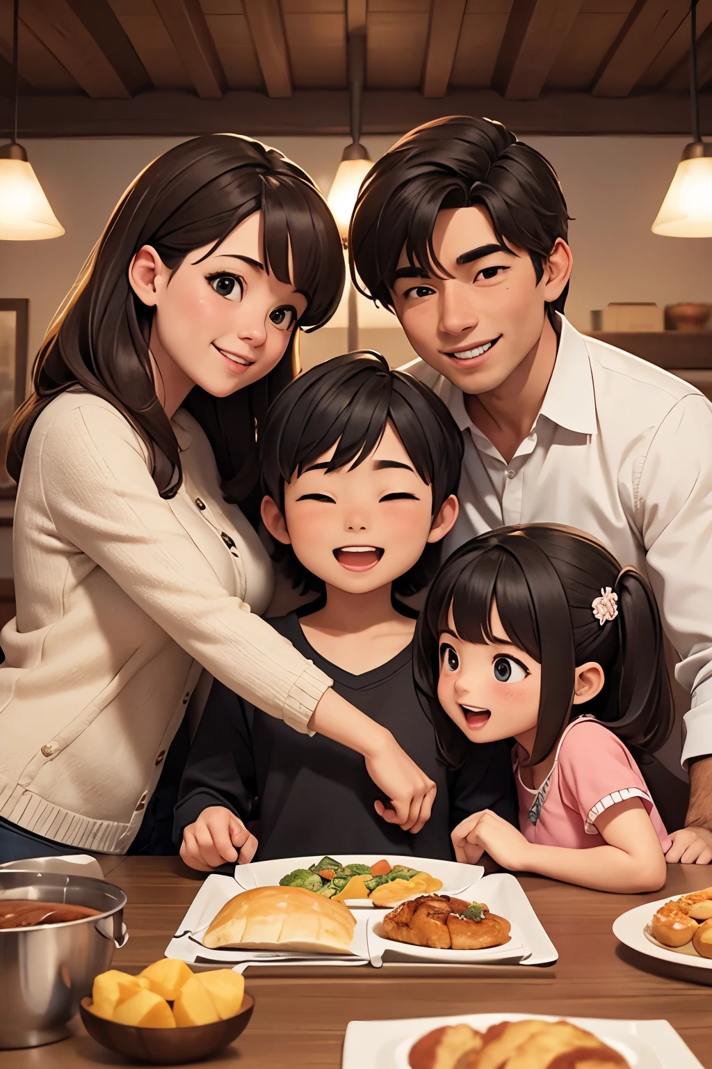 Four parents and children hug each other and laugh in front of the table.
"(setting):(best quality),(masterpiece),(detailed),(ultra detailed),(insanely detailed),(ultra-quality),(highly detailed),(FHD)"