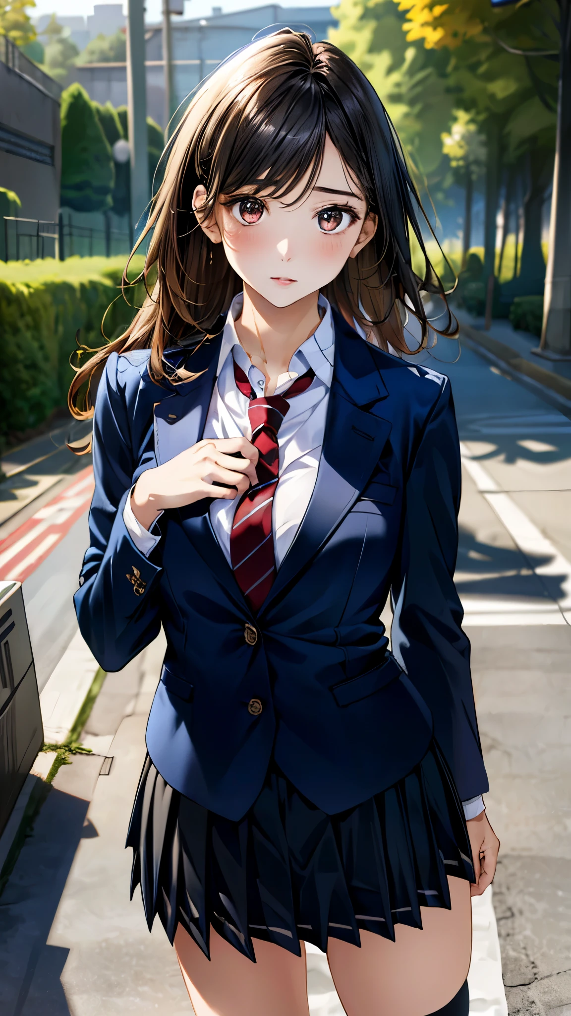 (masterpiece:1.3, top-quality, ultra high res, ultra detailed), (realistic, photorealistic:1.4), beautiful illustration, perfect lighting, colorful, depth of fields, 
beautiful detailed hair, beautiful detailed face, beautiful detailed eyes, beautiful clavicle, beautiful body, beautiful chest, beautiful thigh, beautiful legs, beautiful fingers, 
looking away, cowboy shot, 1 girl, japanese, high school girl, perfect face, (perfect anatomy, anatomically correct), cute and symmetrical face, face, , shiny skin, 
(long hair:1.7, straight hair:1.6, parted bangs, black hair), dark brown eyes, slant eyes, long eye lasher, (medium breasts), slender, 
((navy blazer), collared white shirt, navt pleated skirt, dark red tie), navy school socks, , 
(beautiful scenery), evening, (school gate), standing, (expressionless), 