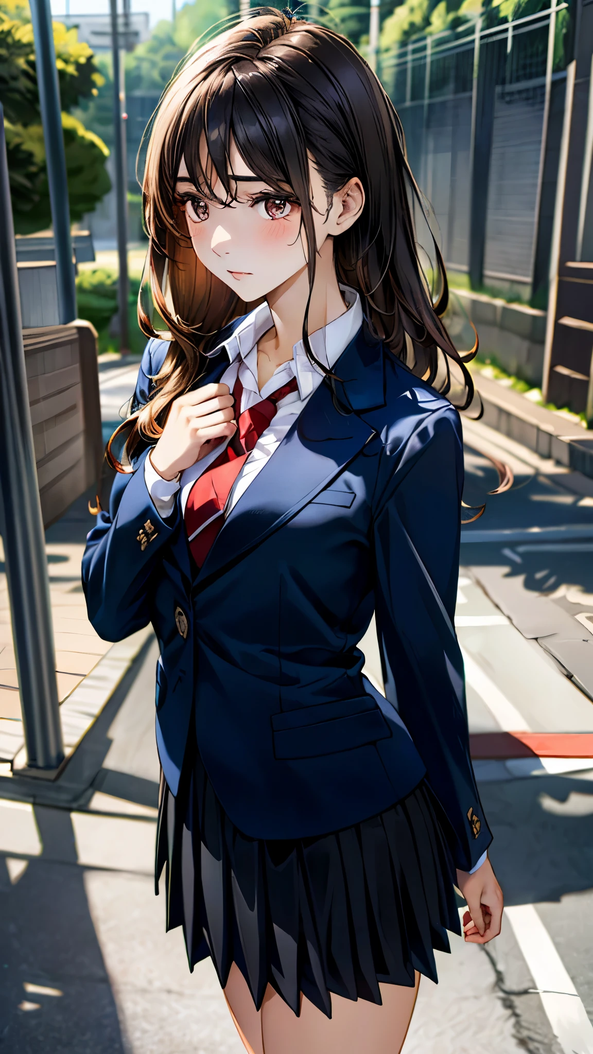 (masterpiece:1.3, top-quality, ultra high res, ultra detailed), (realistic, photorealistic:1.4), beautiful illustration, perfect lighting, colorful, depth of fields,
beautiful detailed hair, beautiful detailed face, beautiful detailed eyes, beautiful clavicle, beautiful body, beautiful chest, beautiful thigh, beautiful legs, beautiful fingers,
looking away, cowboy shot, 1 girl, japanese, high school girl, perfect face, (perfect anatomy, anatomically correct), cute and symmetrical face, babyface, , shiny skin,
(long hair:1.7, straight hair:1.6, parted bangs, black hair), dark brown eyes, slant eyes, long eye lasher, (medium breasts), slender,
((navy blazer), collared white shirt, navt pleated skirt, dark red tie), navy school socks, ,
(beautiful scenery), evening, (school gate), standing, (expressionless),