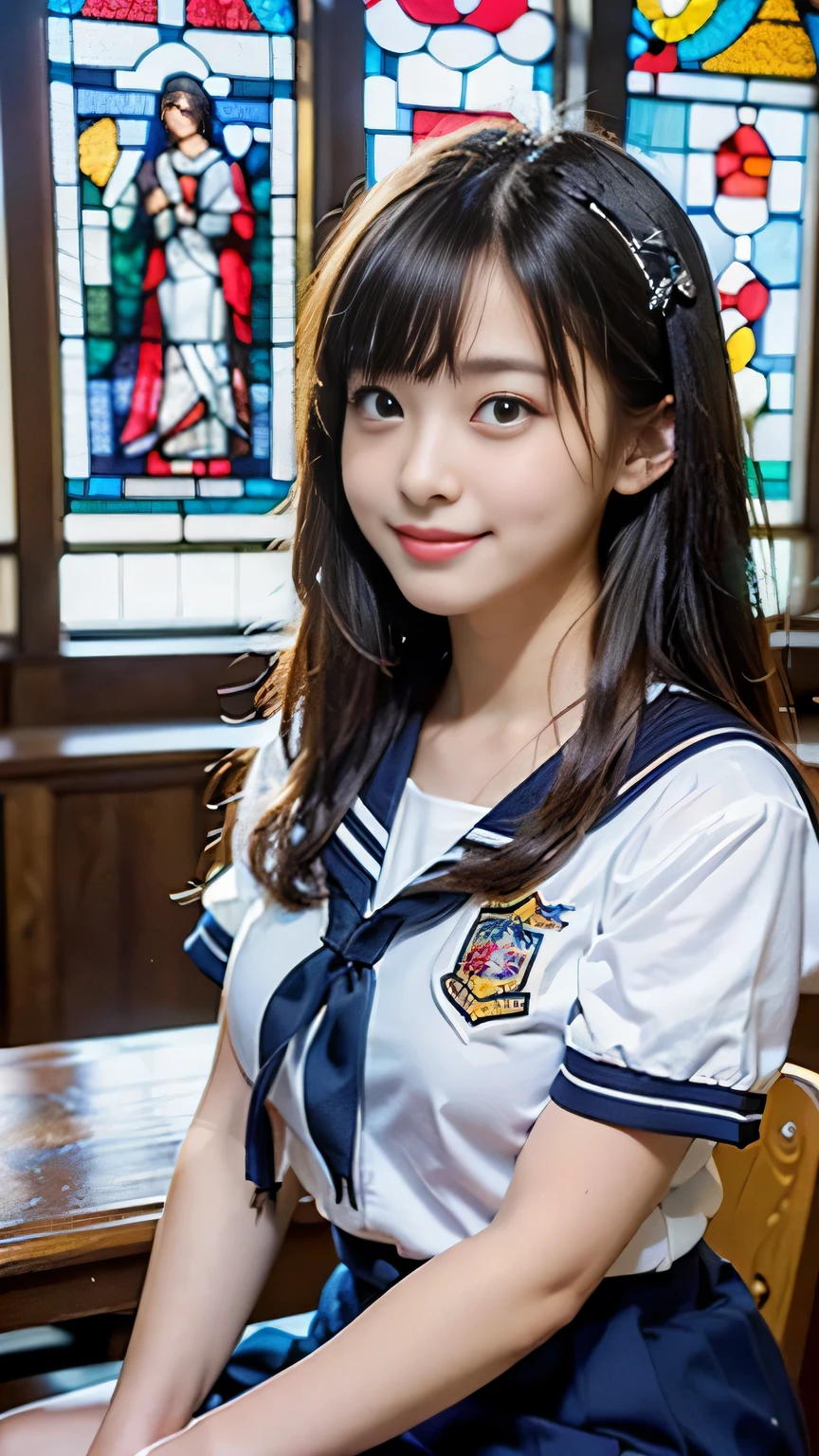 (((draw only one woman: 2))), Beautiful 18 year old Japanese woman, (A high school girl wearing a sailor uniform with short sleeves and a ribbon: 1.5), (Japan&#39;strict girl&#39; school sailor suit), ((Sailor suit that fits the body:1.5)), ( High school girl sitting in a church pew: 1.2), (Against the background of beautiful and elaborate stained glass: 1.5), ((1 screen)), In 8K, RAW shooting, highest quality photos, table top, amazingly realistic photos, (cinematic lighting:1.5), ((anatomically correct proportions: 1.5)), ((perfect proportions)), (A cute woman like a Japanese idol:1.5), detailed face, fine eyes, narrow nose, fine skin, (beautiful long hair: 1.5), (transparent bangs:1.5), {{close up of face:2.0}}, (smile:1.2), (angle from the side:1.2)