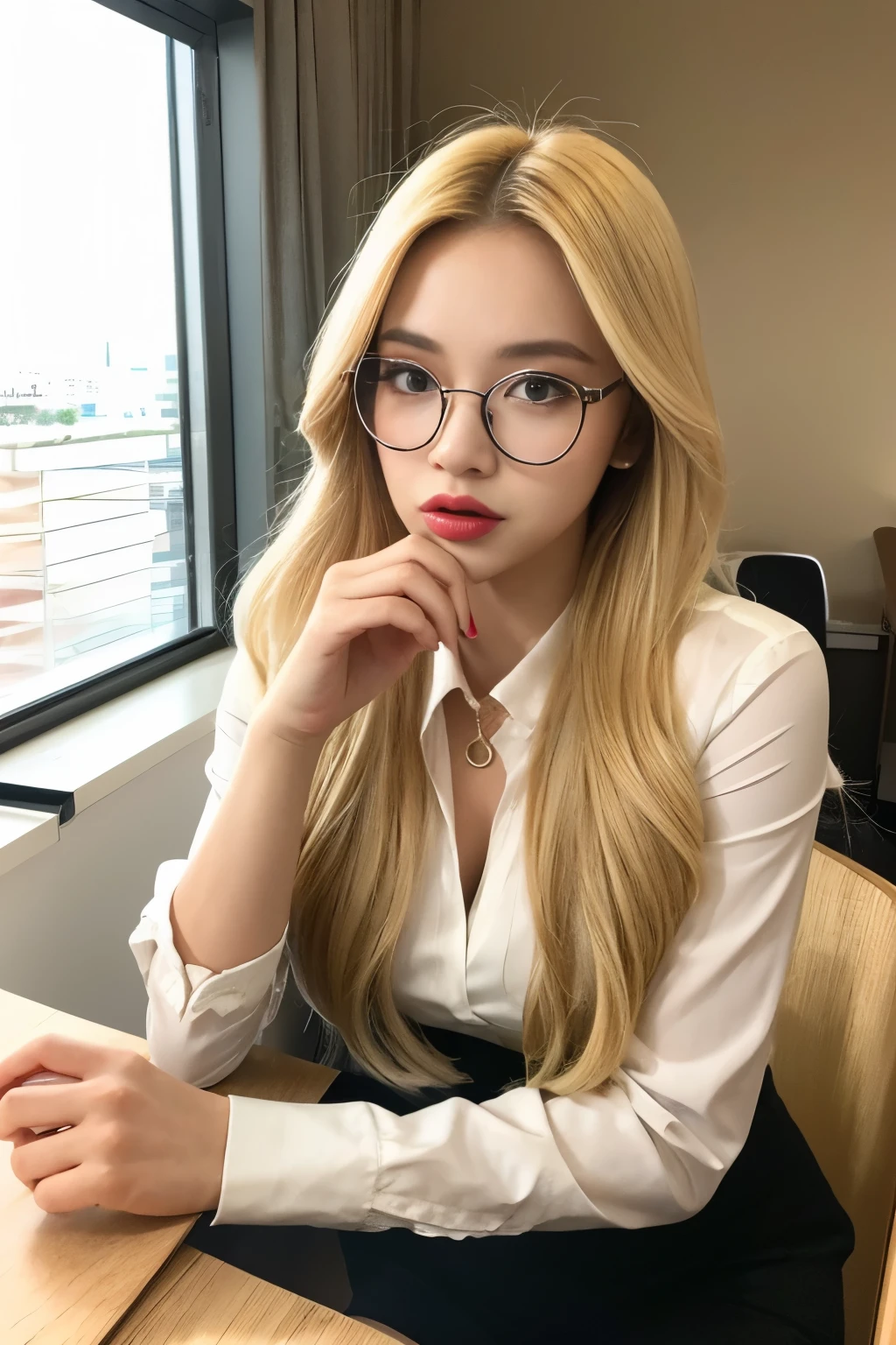 Create a realistic image of a blonde woman who works as a digital influencer. (Masterpiece :1.3), 1 woman, blonde hair: 1.2, shiny and smooth: 1.2, (professional attire: 1.1), MacBook Pro on table: 1.1, fingers on keyboard: 1.1, (great expression: 1.2), bright and sparkling eyes: 1.3, detailed facial features: 1.5, (wear trendy glasses: 1.1), lipstick on lips: 1.1. Natural light illuminates the scene, creating a warm and inviting atmosphere. (Sitting in